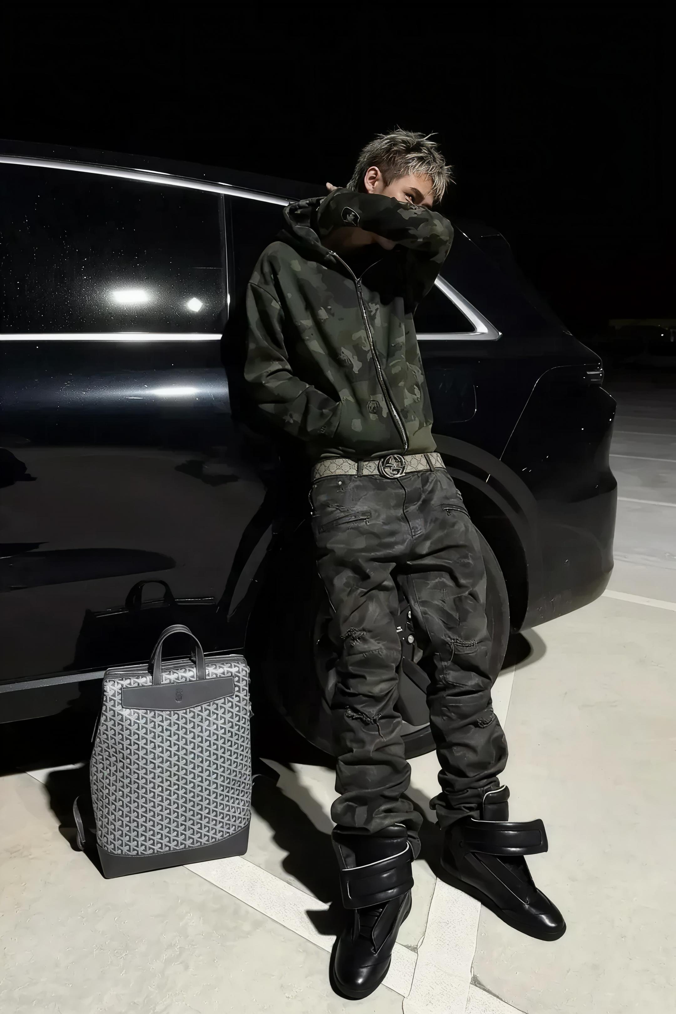 Wax Coated Camo Distressed Jeans
