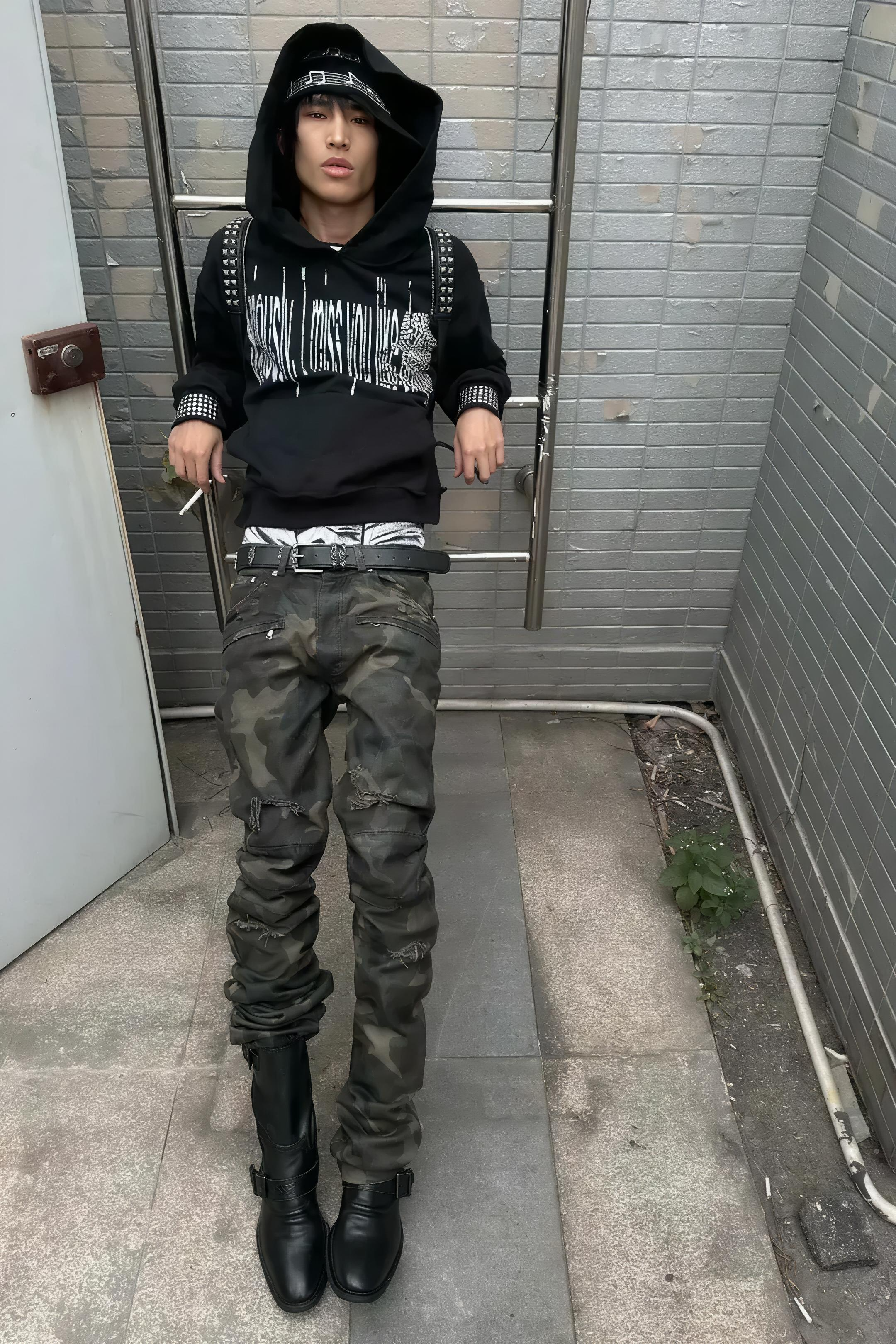 Wax Coated Camo Distressed Jeans