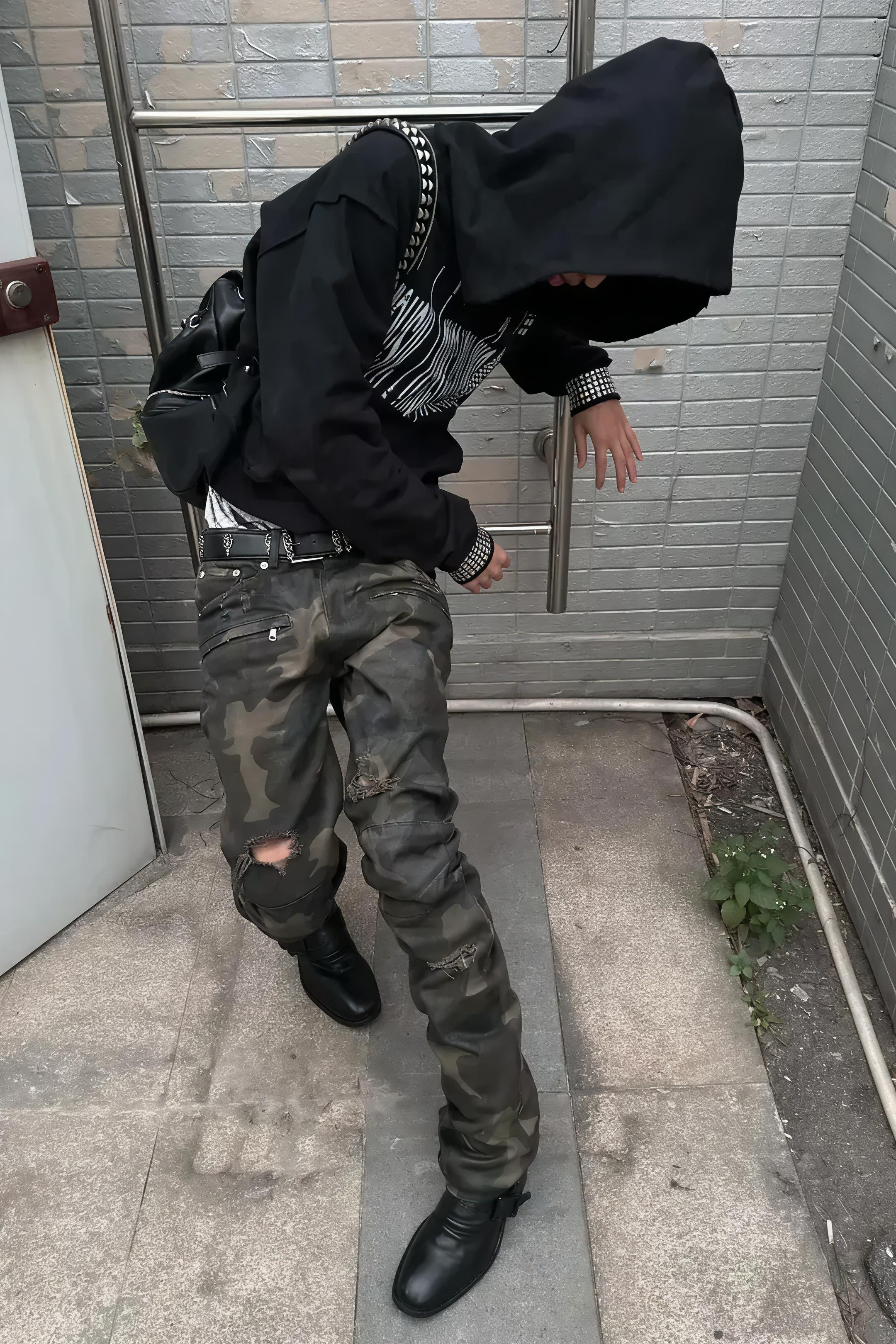 Wax Coated Camo Distressed Jeans