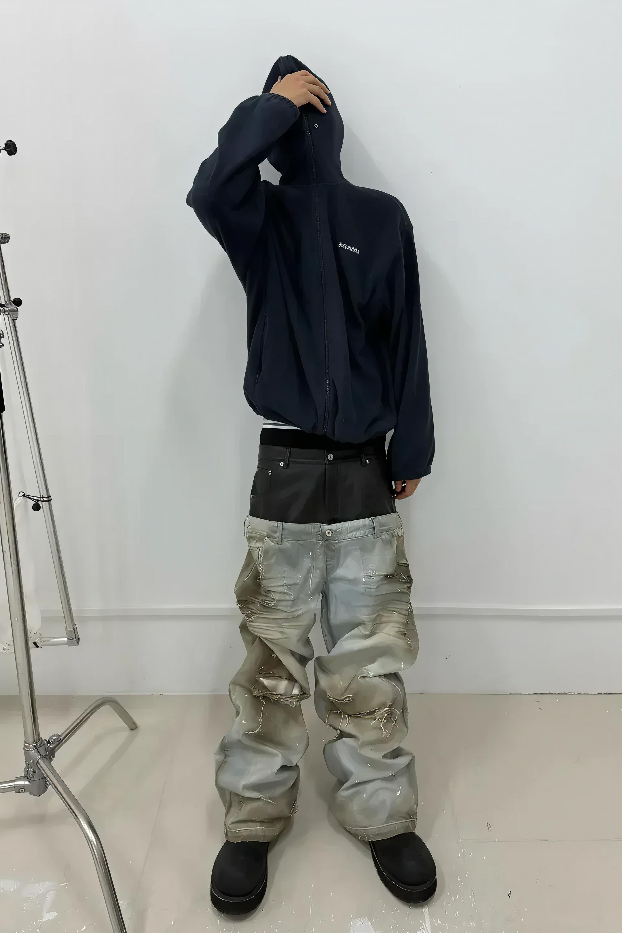 Destroyed PU Patch Double Waistband Jeans