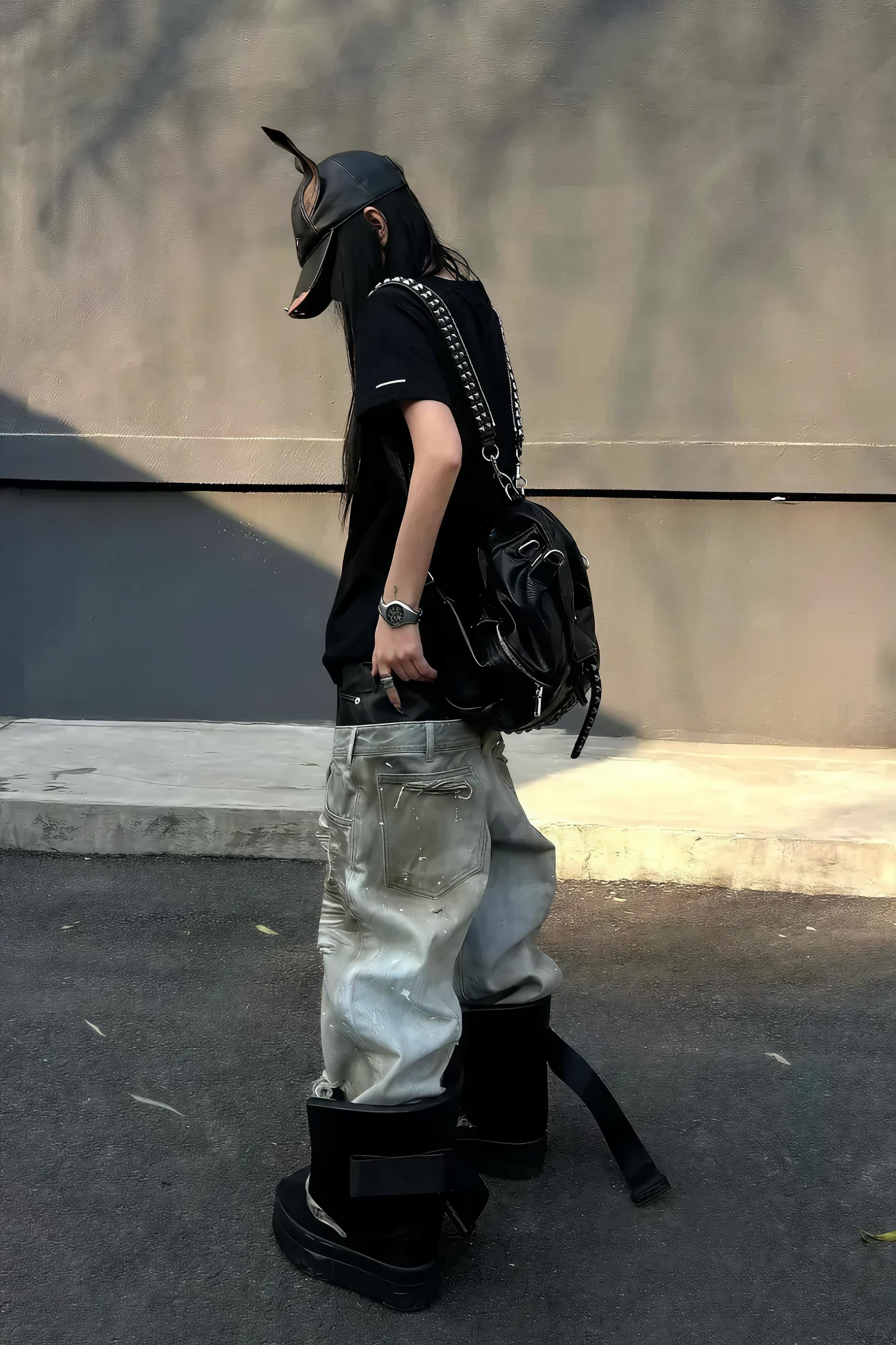 Destroyed PU Patch Double Waistband Jeans