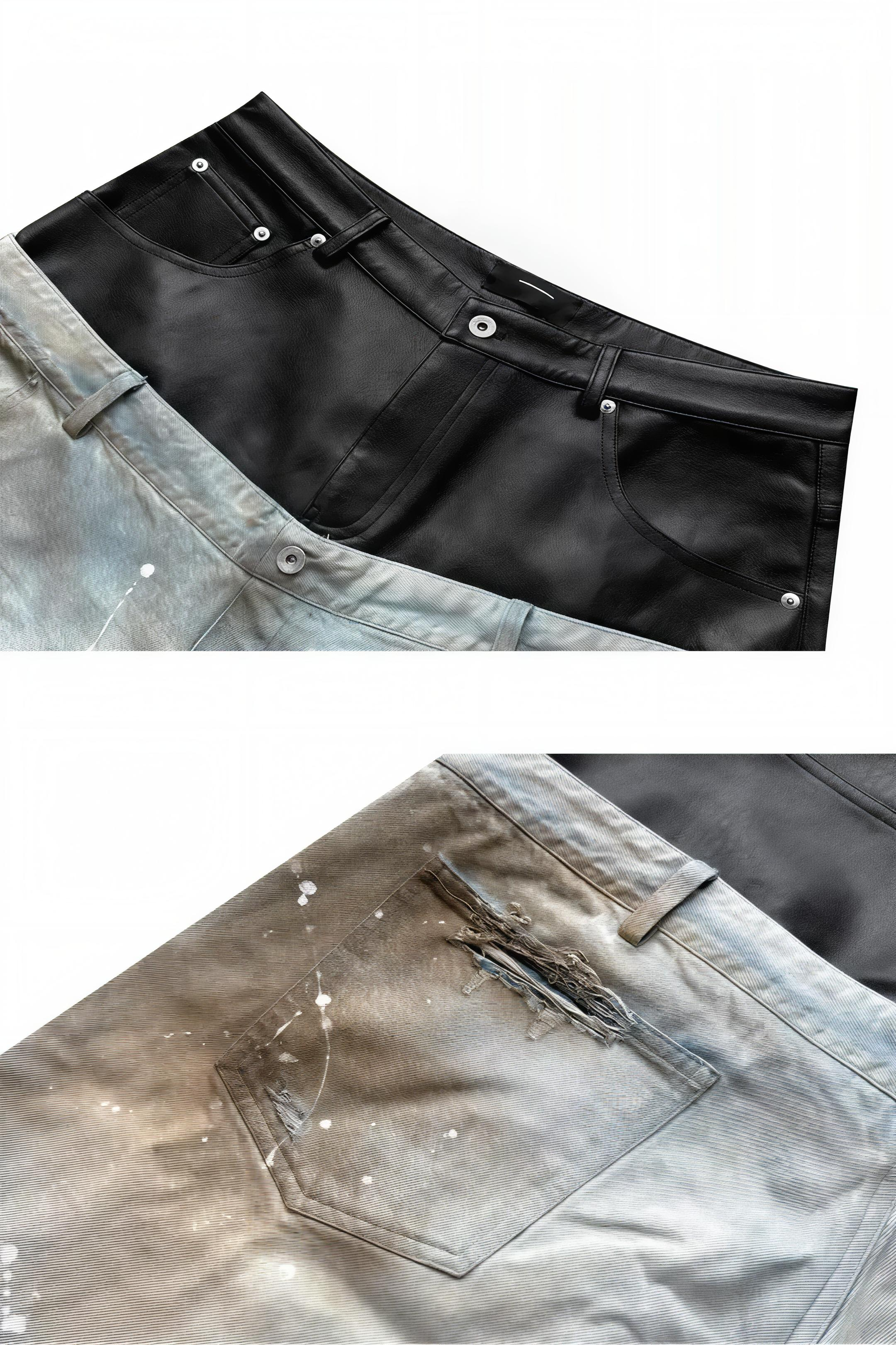 Destroyed PU Patch Double Waistband Jeans