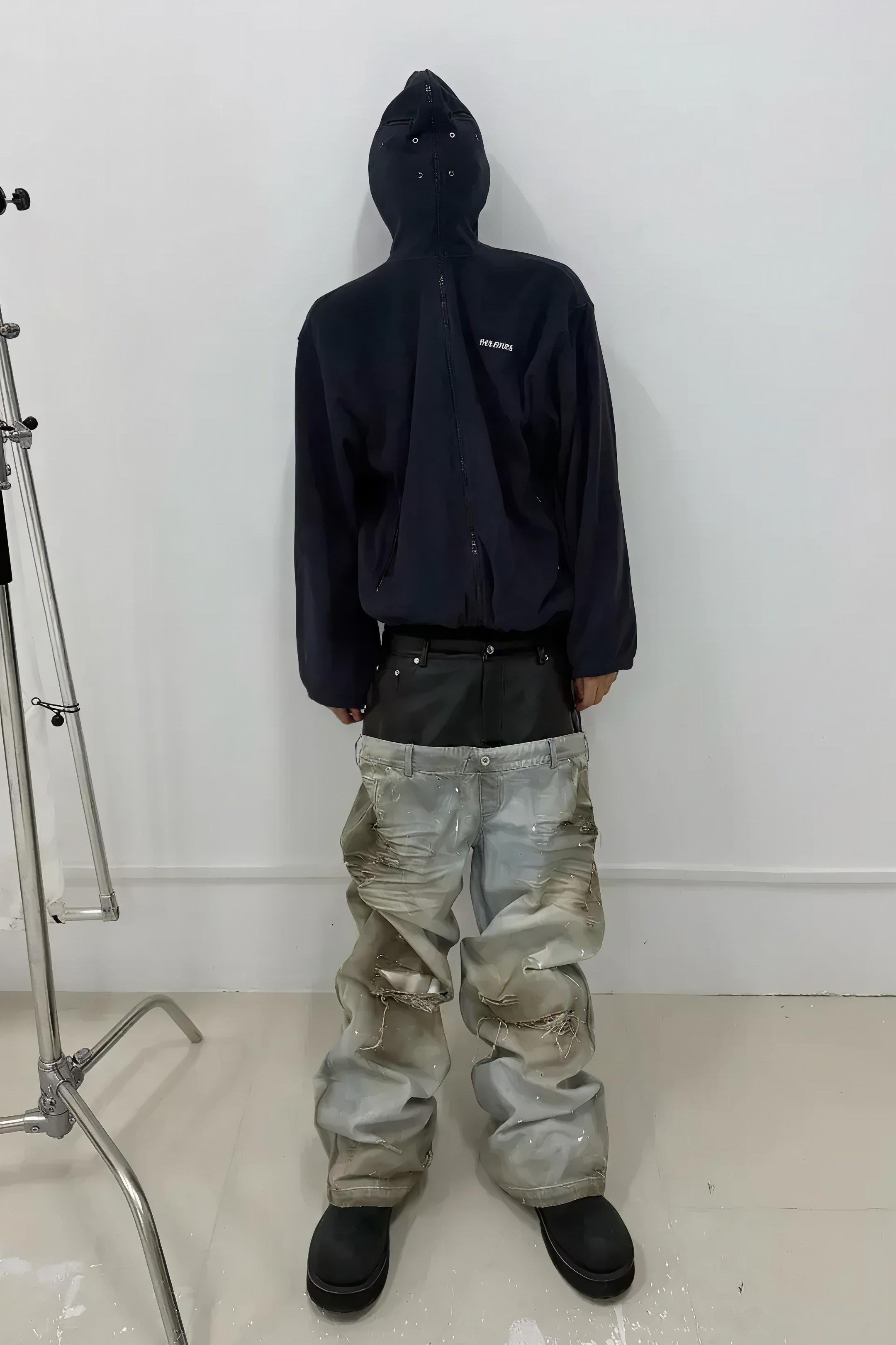 Destroyed PU Patch Double Waistband Jeans
