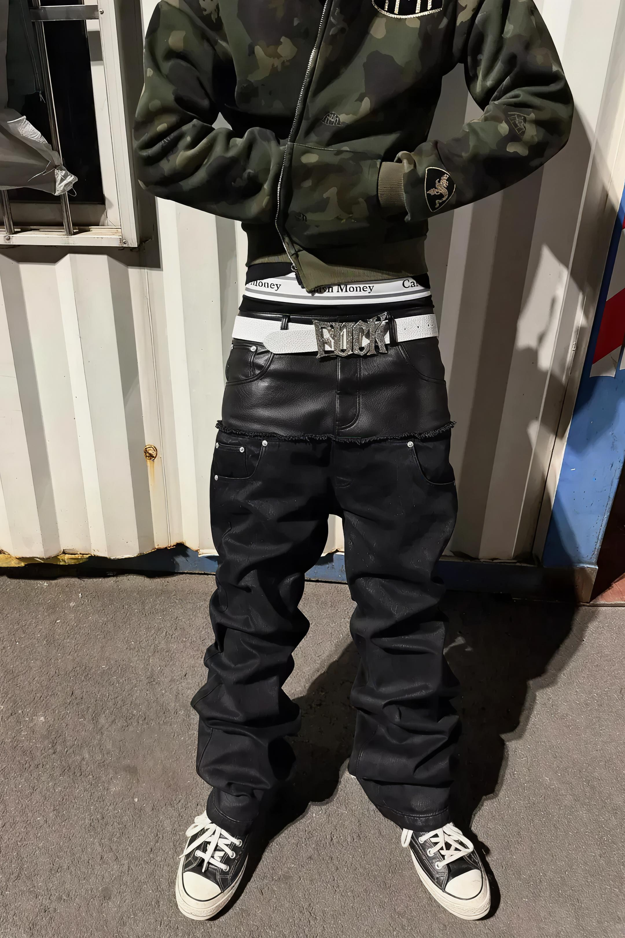 Double Waist Waxed Destroyed Jeans