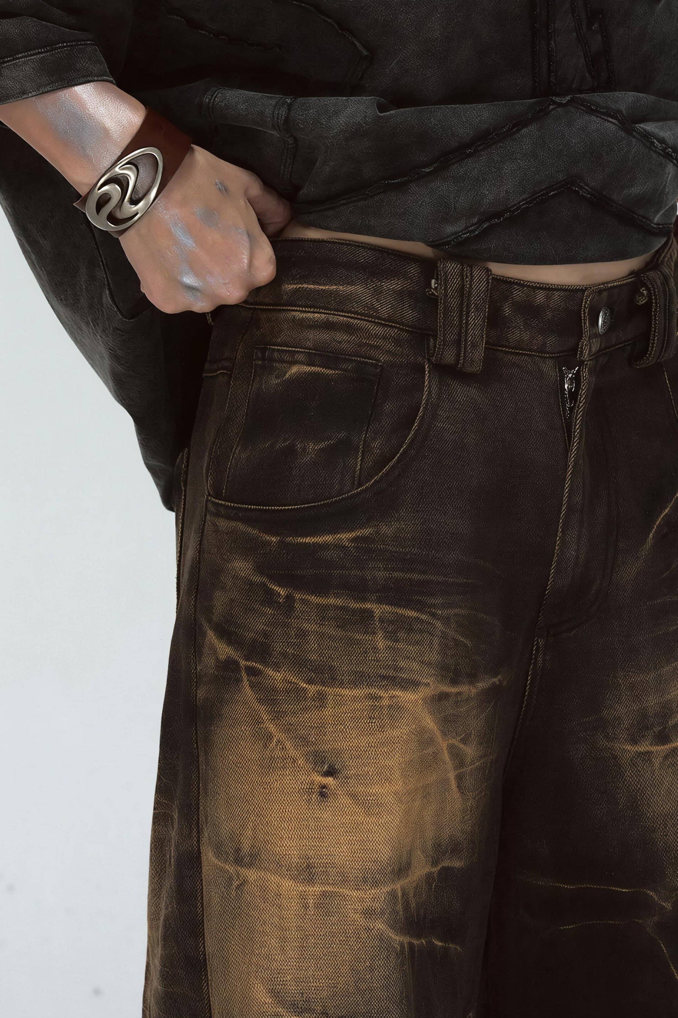 Mud Dyed Lightning Cracked Wide Leg Jeans