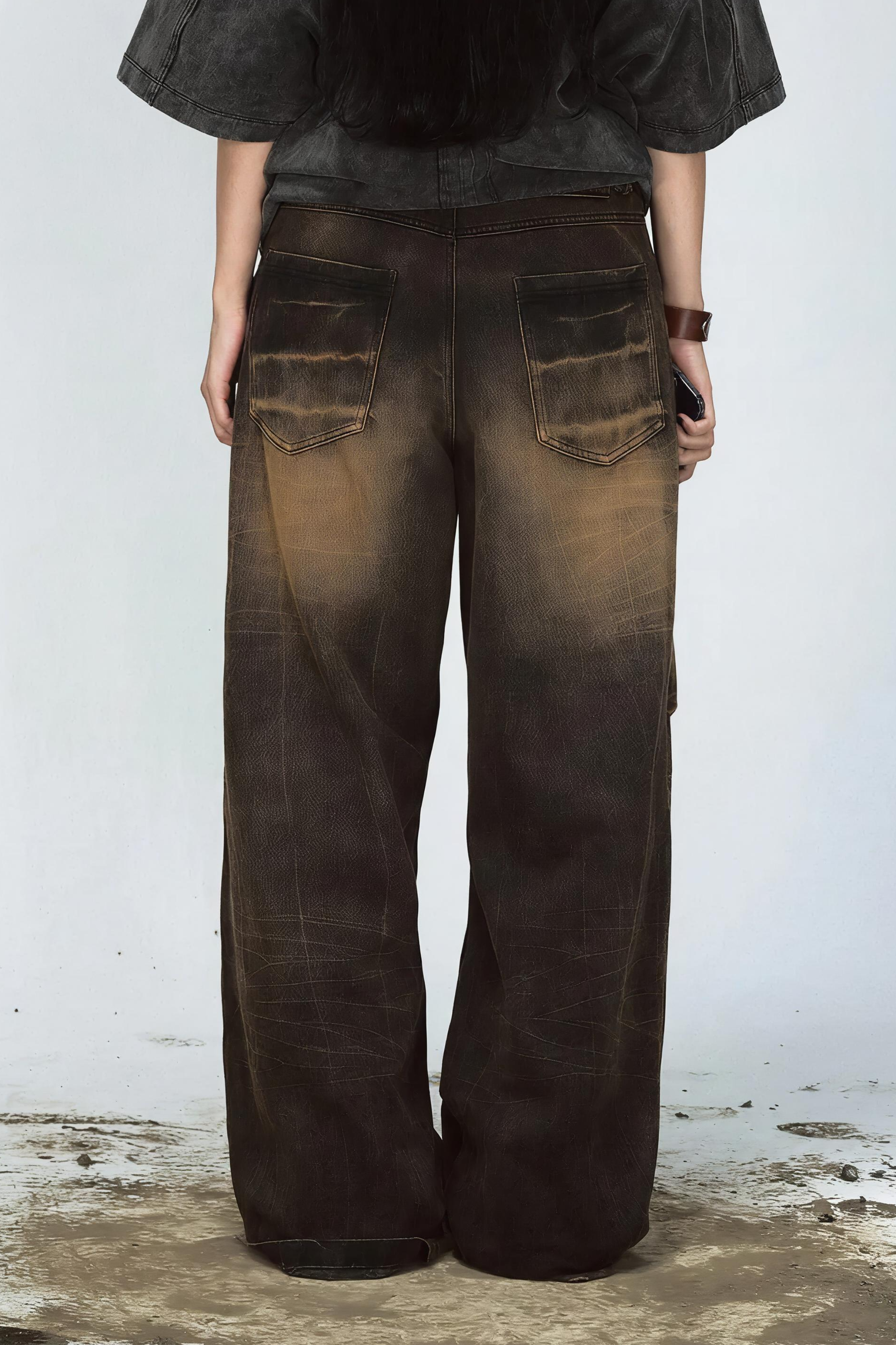 Mud Dyed Lightning Cracked Wide Leg Jeans