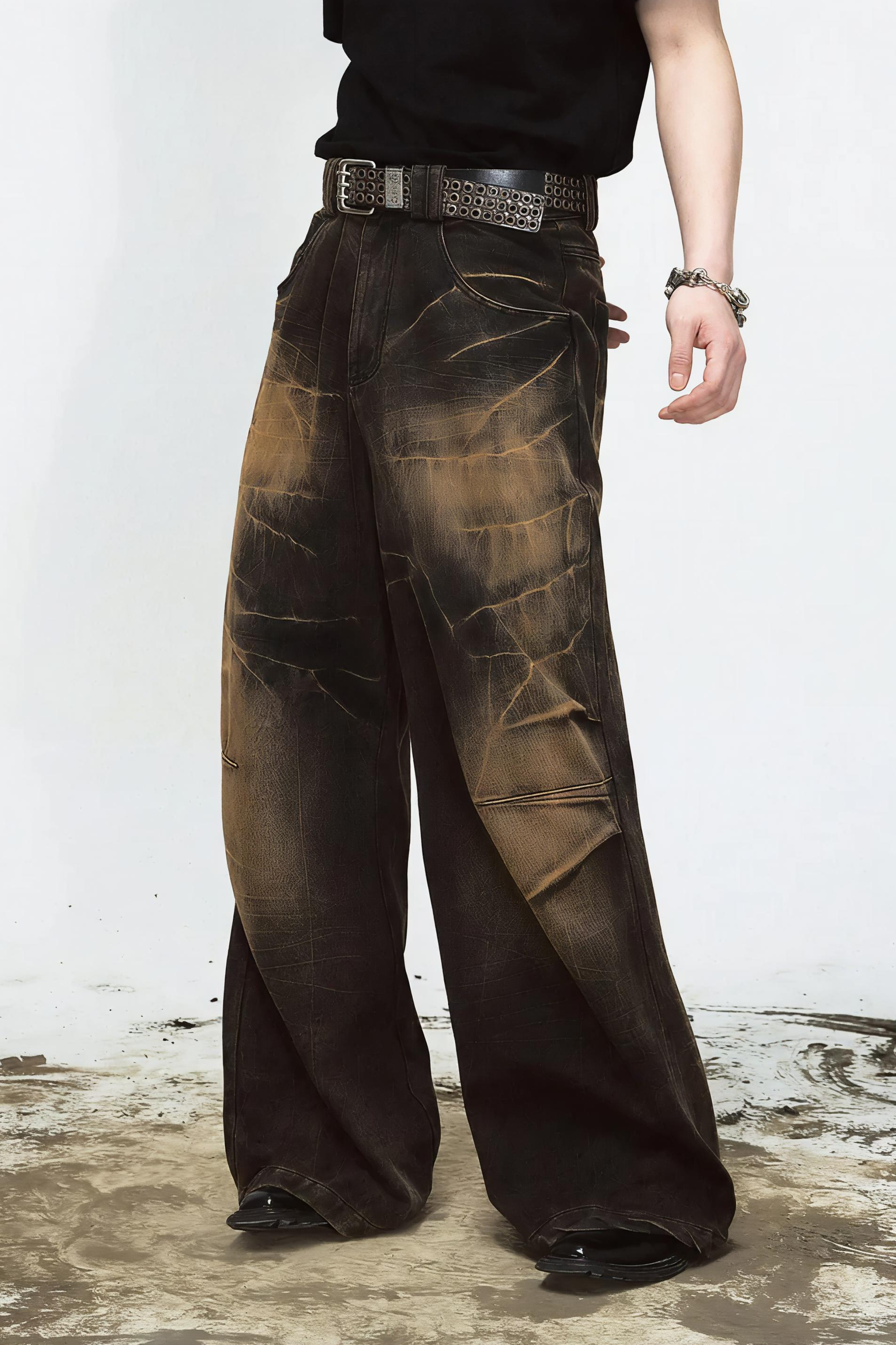 Mud Dyed Lightning Cracked Wide Leg Jeans