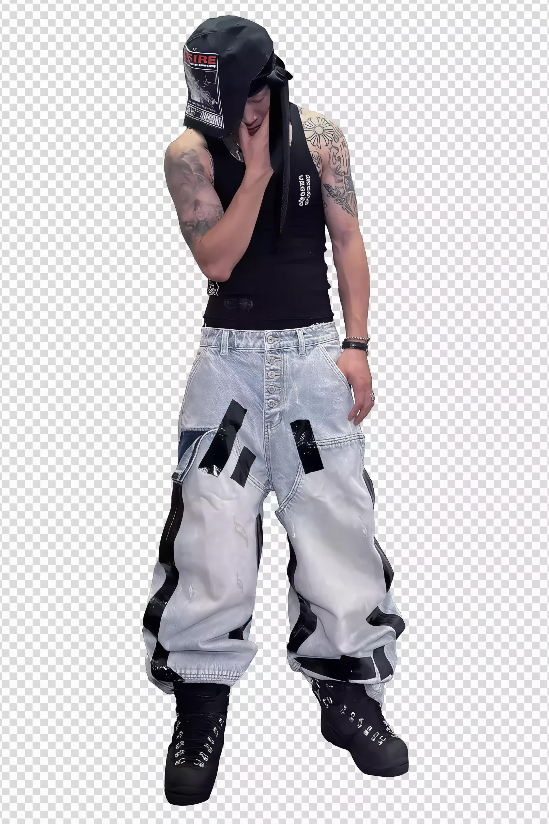 Heavily Distressed Duct Taped Washed Denim Jeans