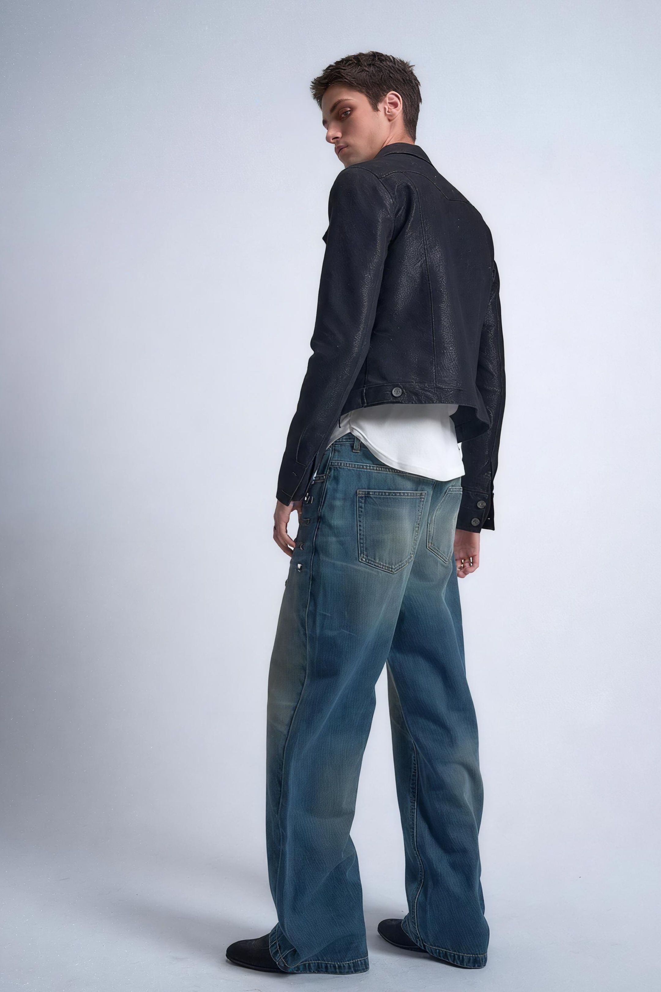 Blue Distressed Whisker Wash Baggy Loose Straight Jeans with Square Nails