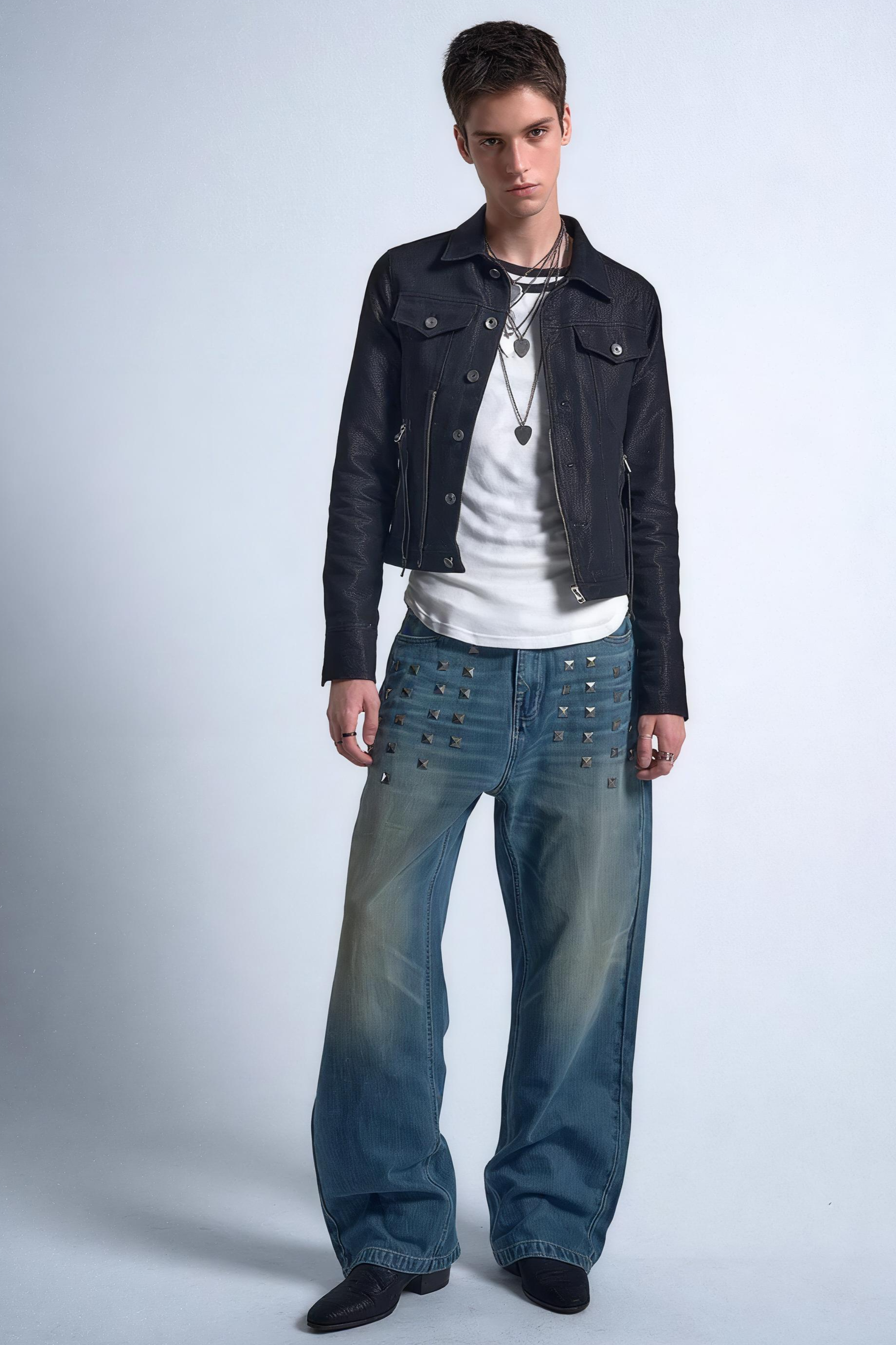 Blue Distressed Whisker Wash Baggy Loose Straight Jeans with Square Nails