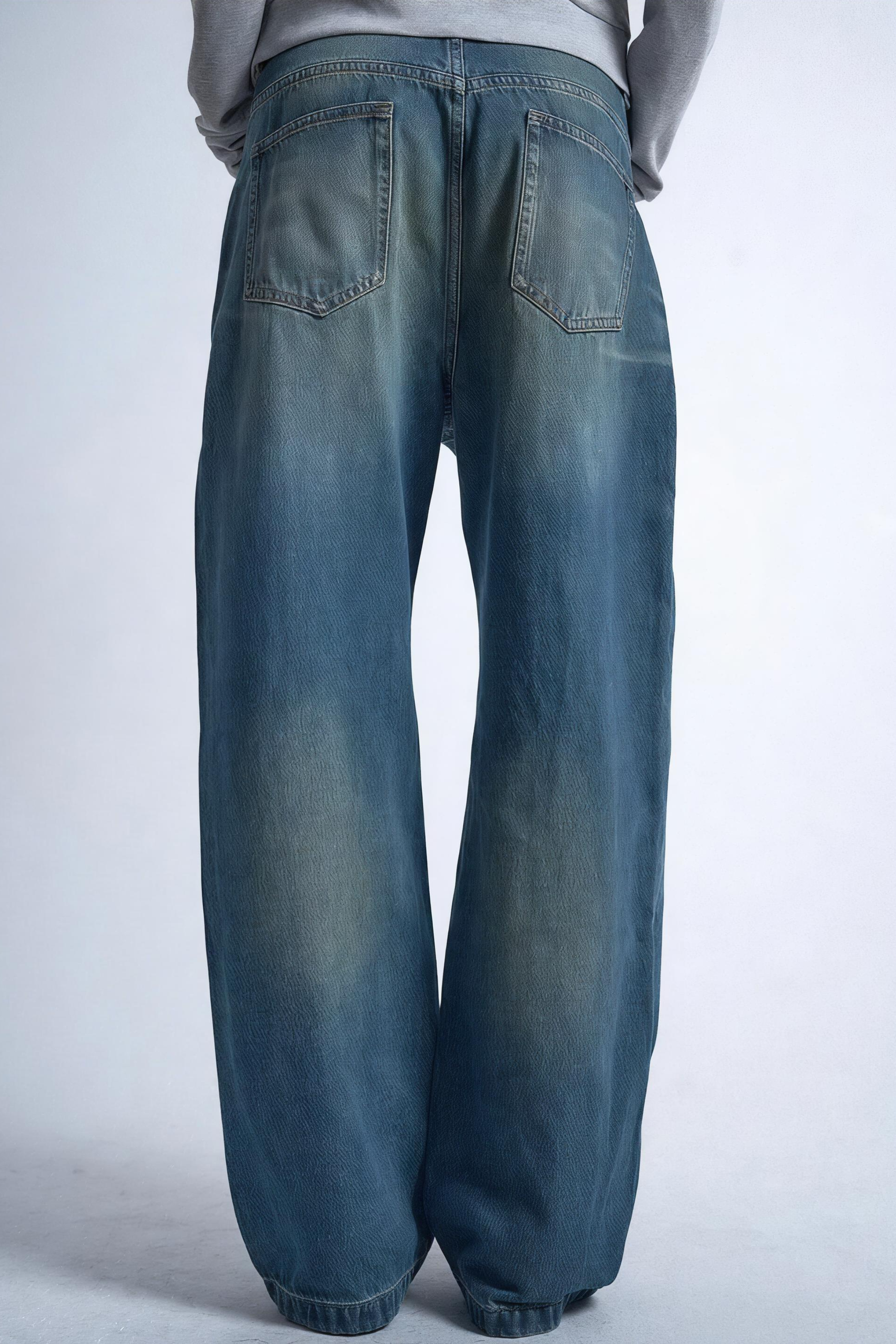 Blue Distressed Whisker Wash Baggy Loose Straight Jeans with Square Nails