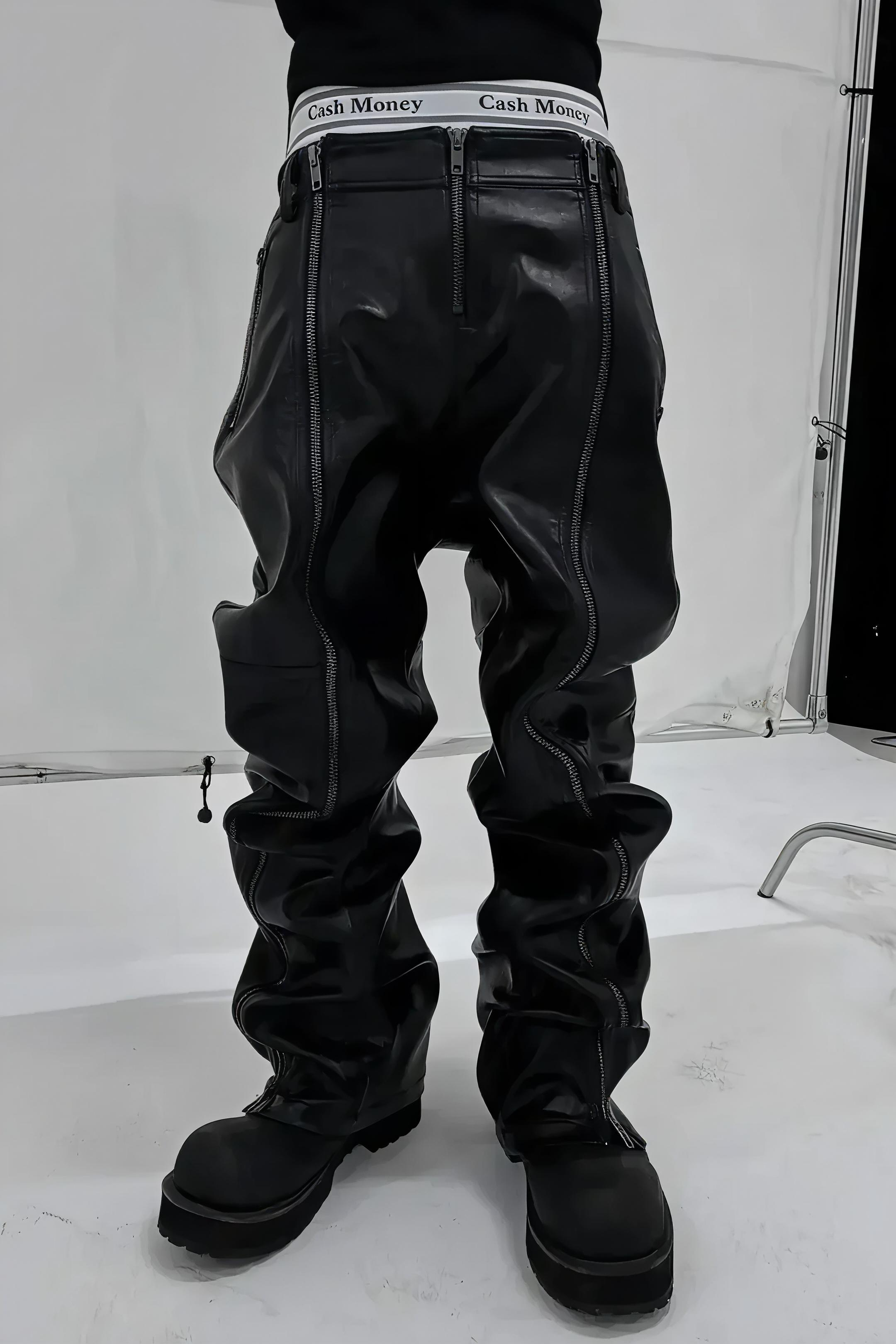 Double Zip Faux Leather Flare Pants