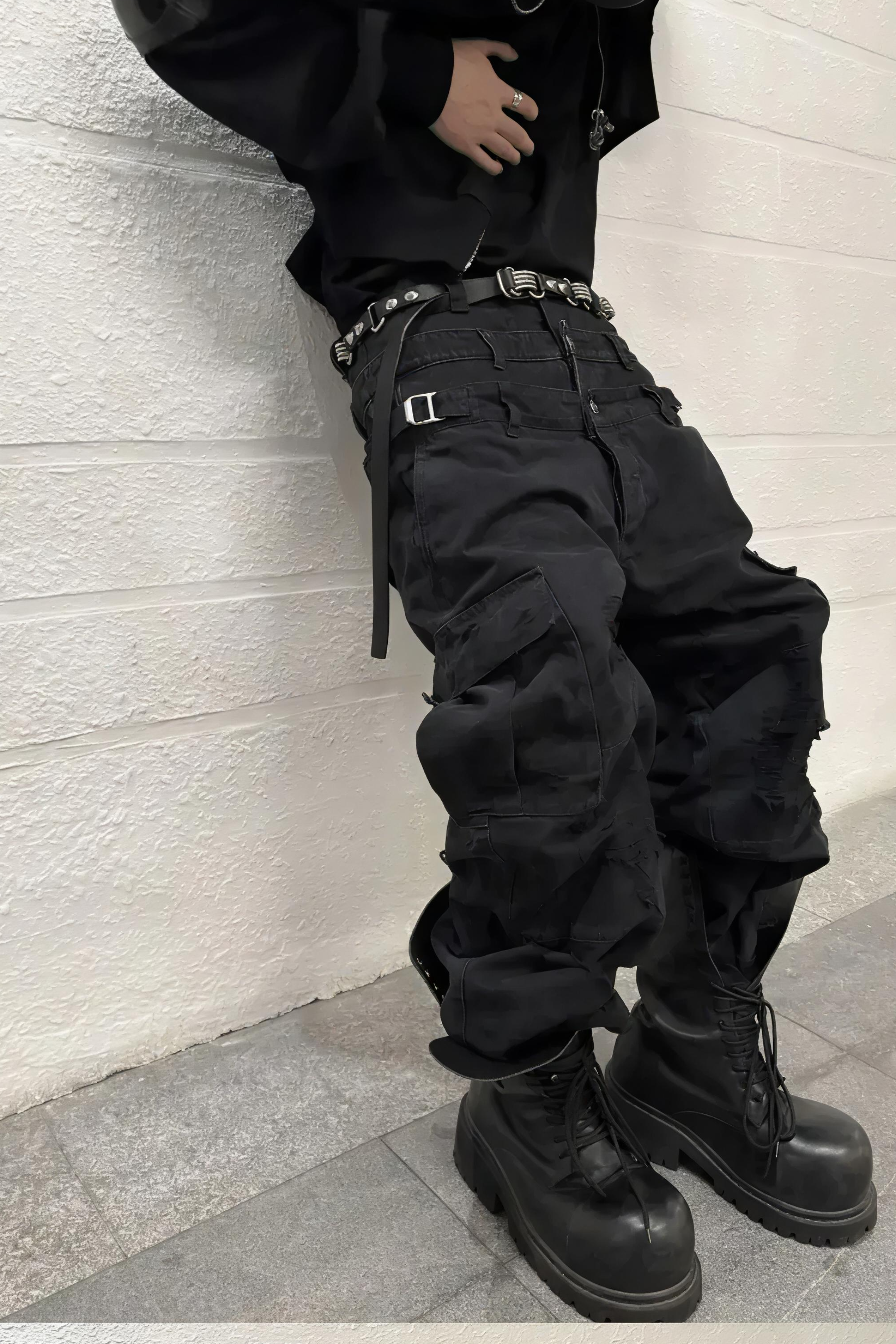 Triple Waistband Distressed Cargo Jeans