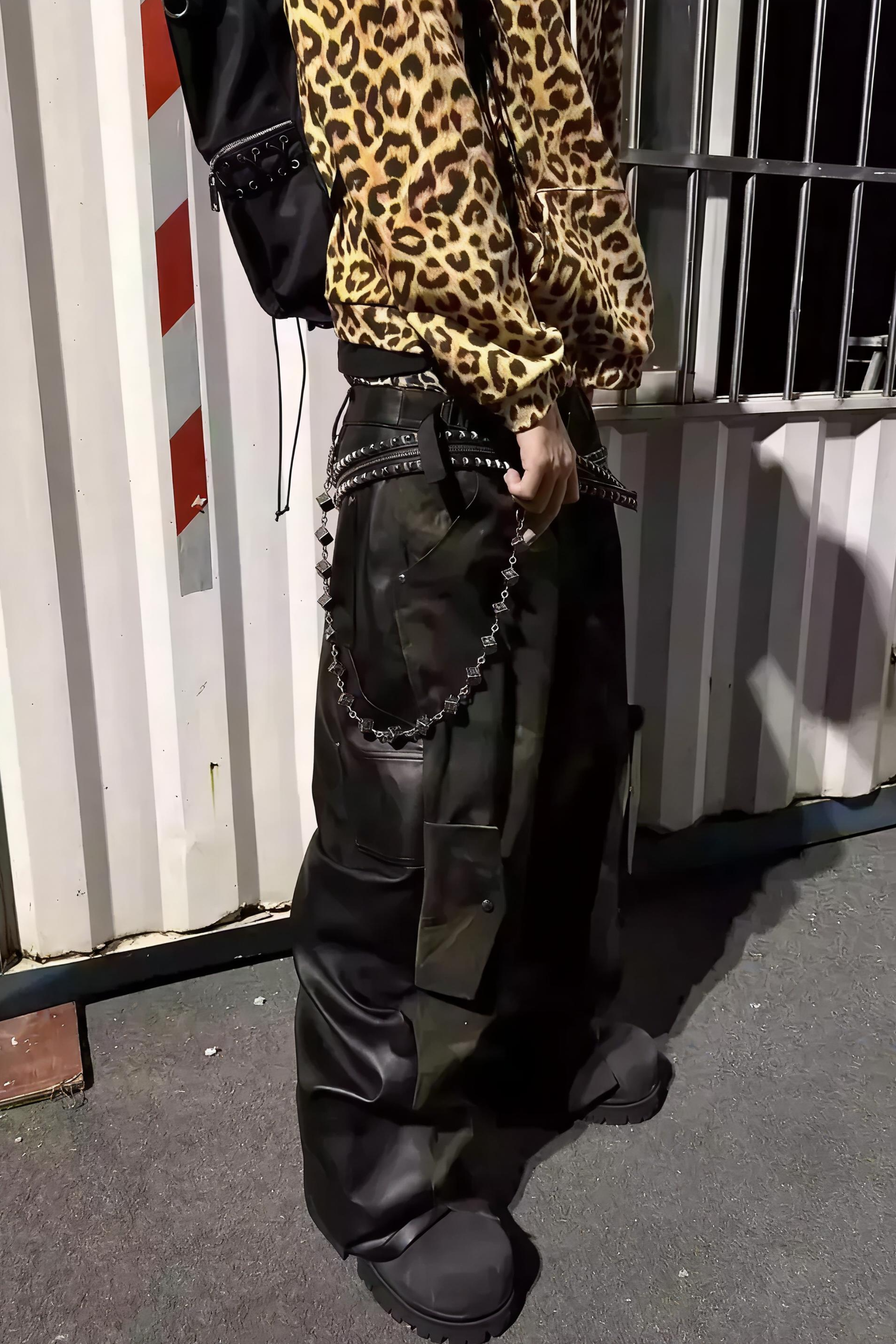 Camouflage Patchwork Leather Distressed Pants