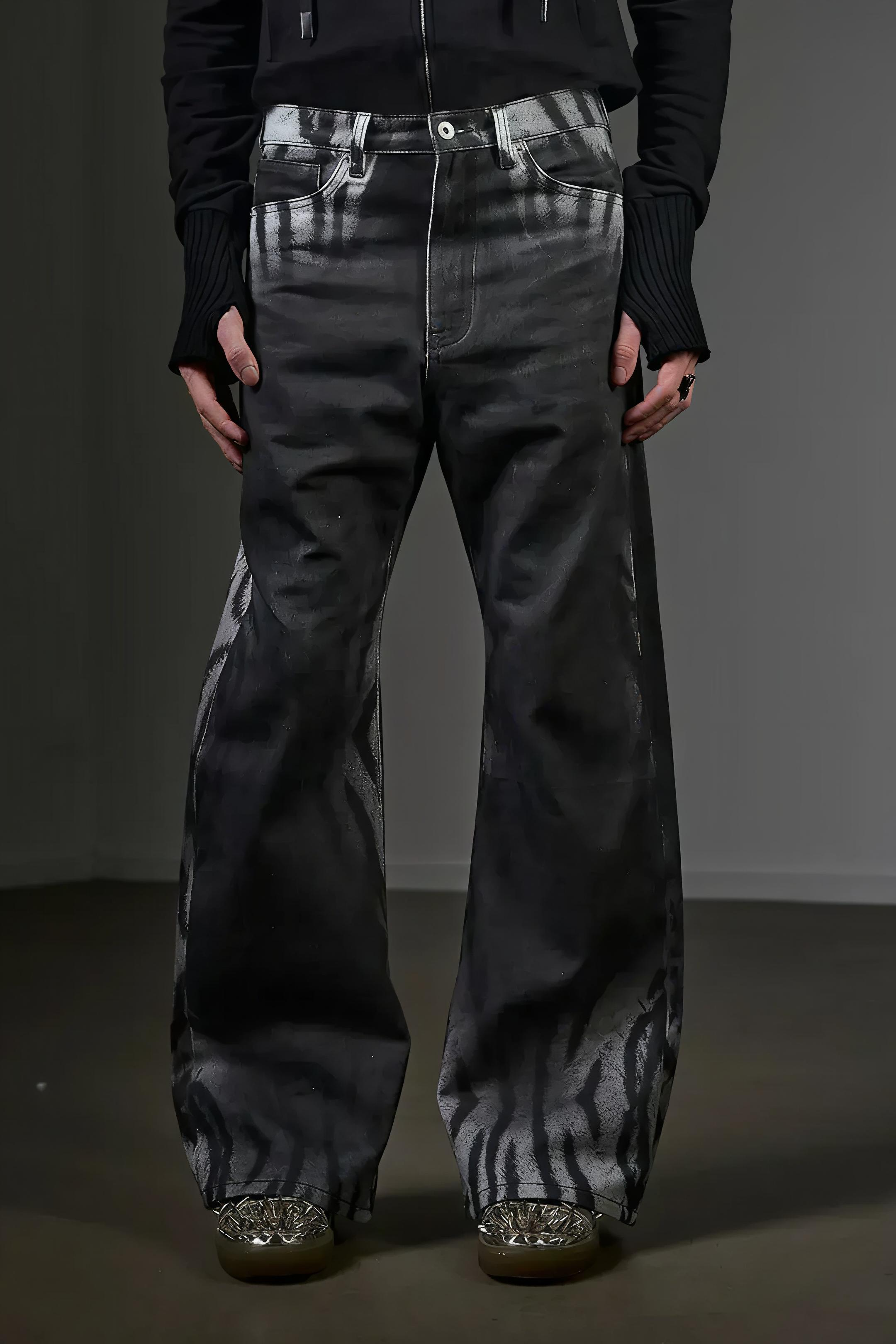 Gradient Tiger Washed Digital Print Wide Leg Bootcut Black and Grey Jeans