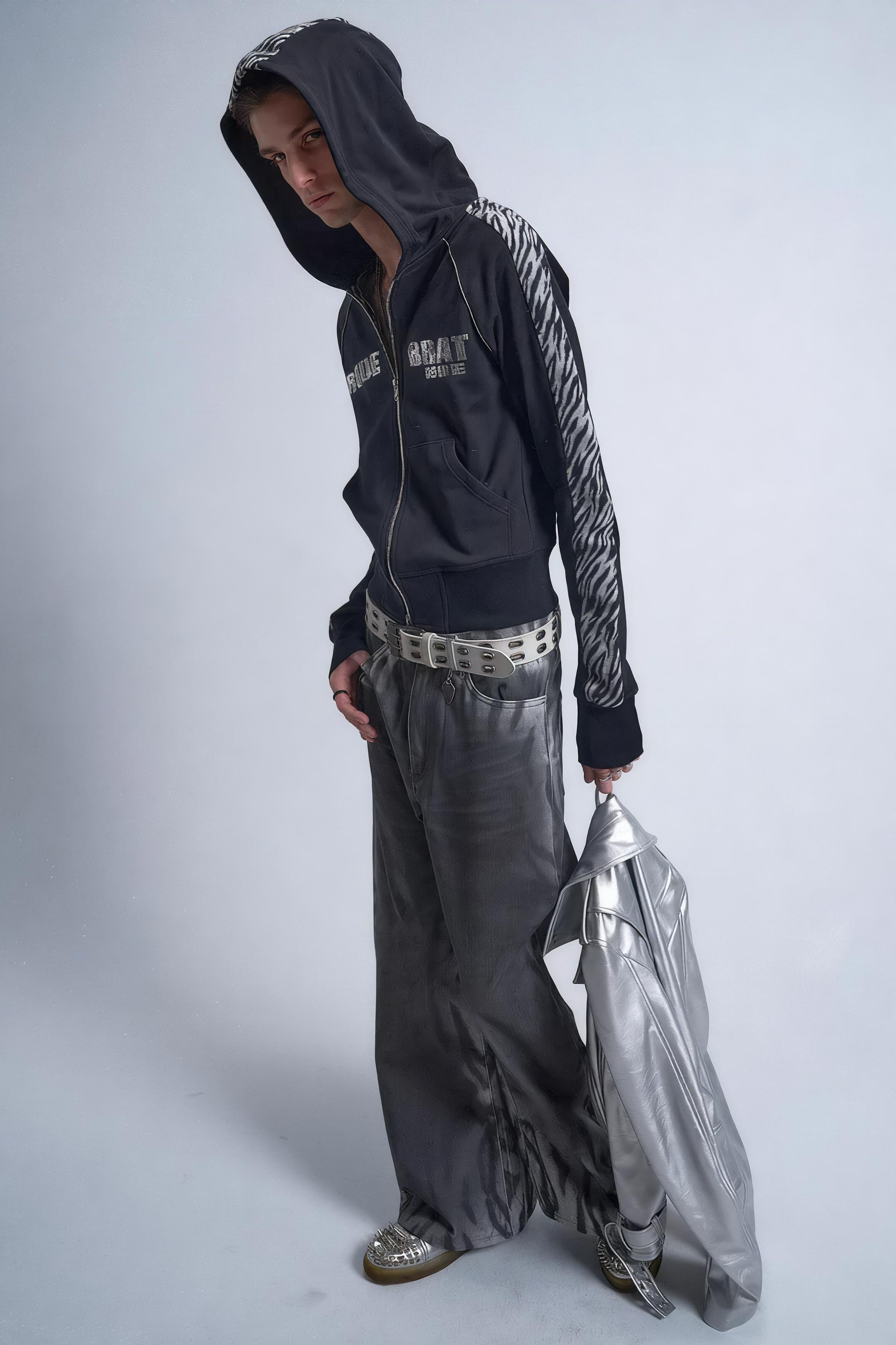 Gradient Tiger Washed Digital Print Wide Leg Bootcut Black and Grey Jeans