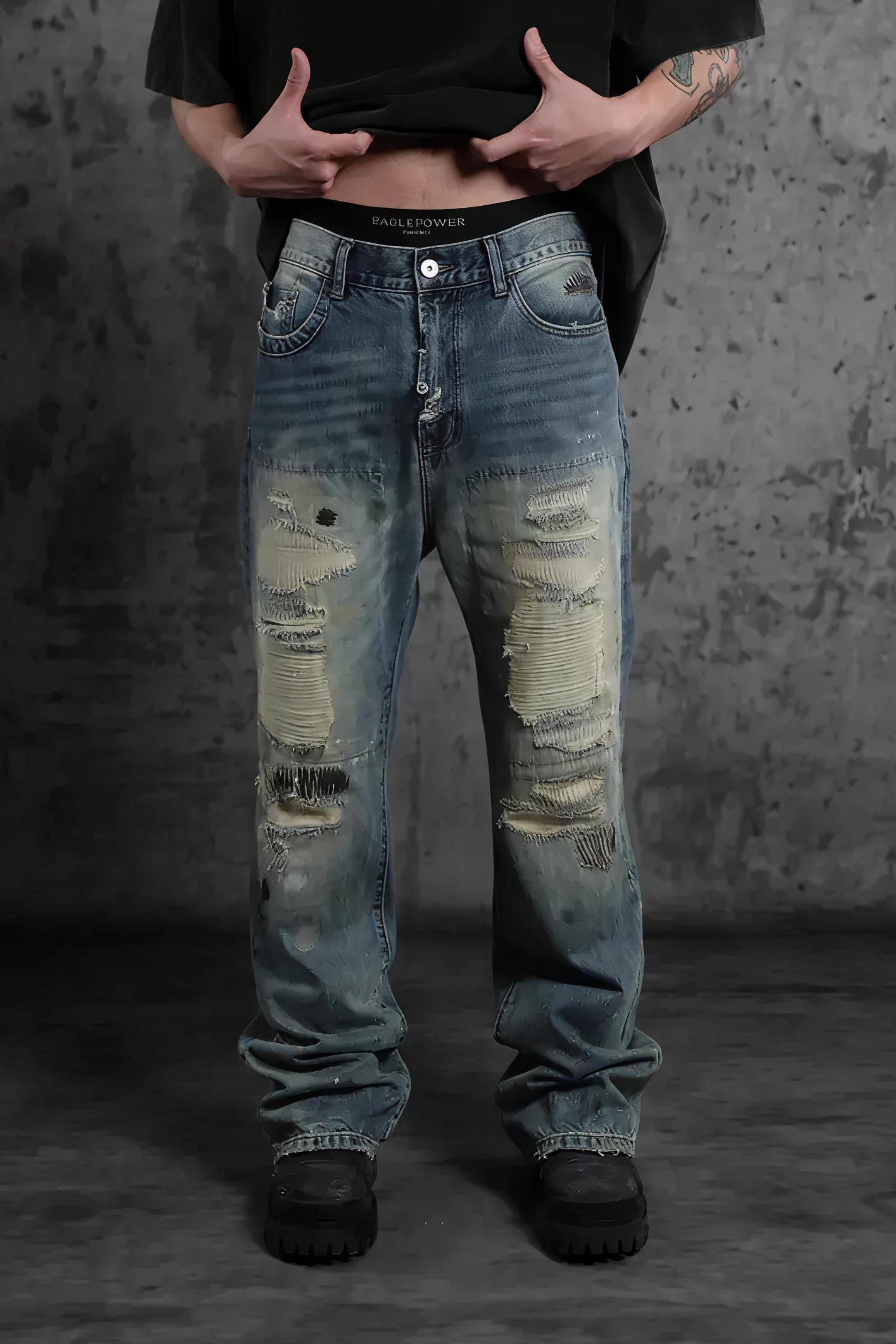 Micro Boob Distressed Dirty Wash Ripped Jeans