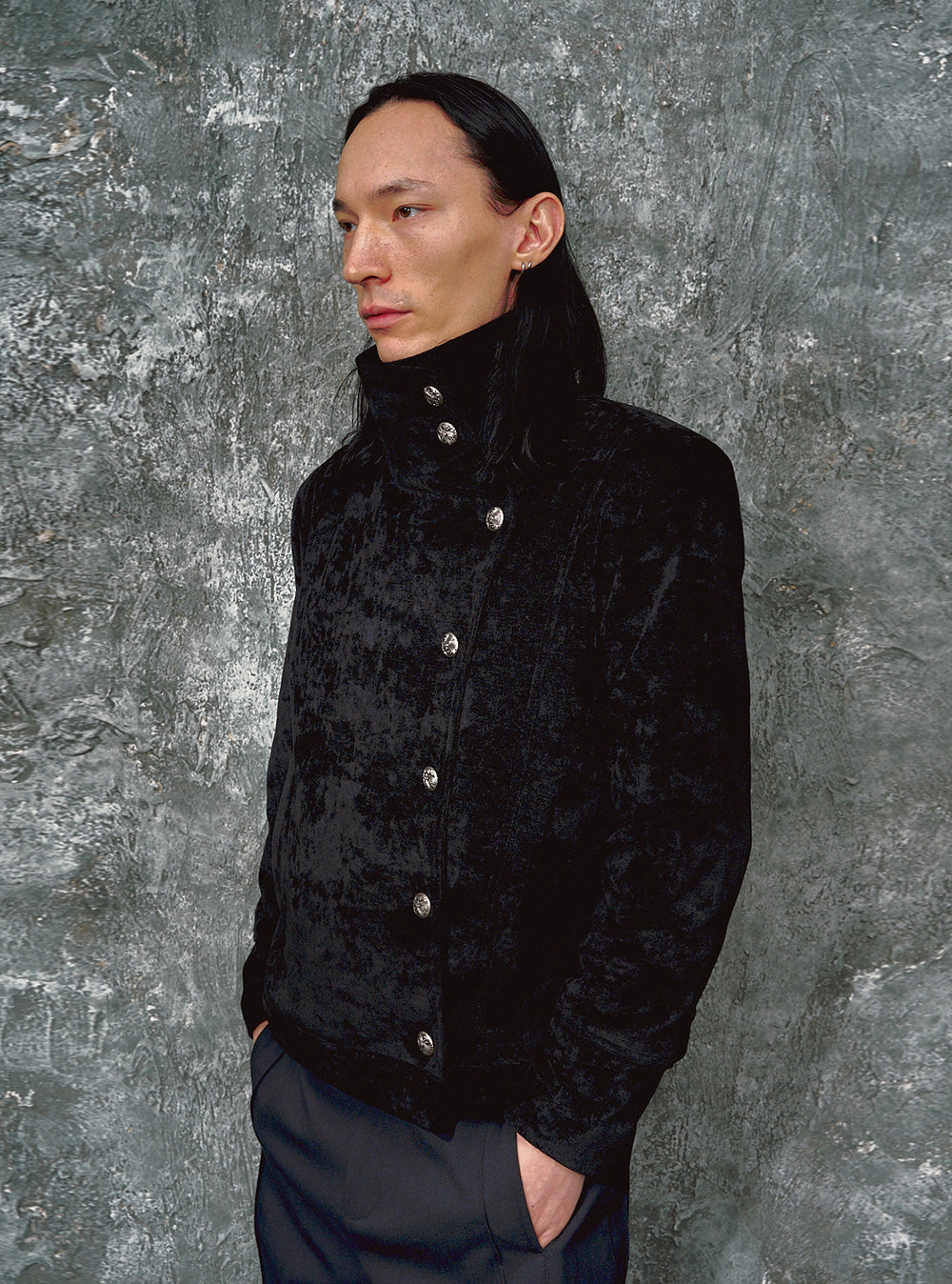 Asymmetric Velvet High-Neck Cropped Jacket