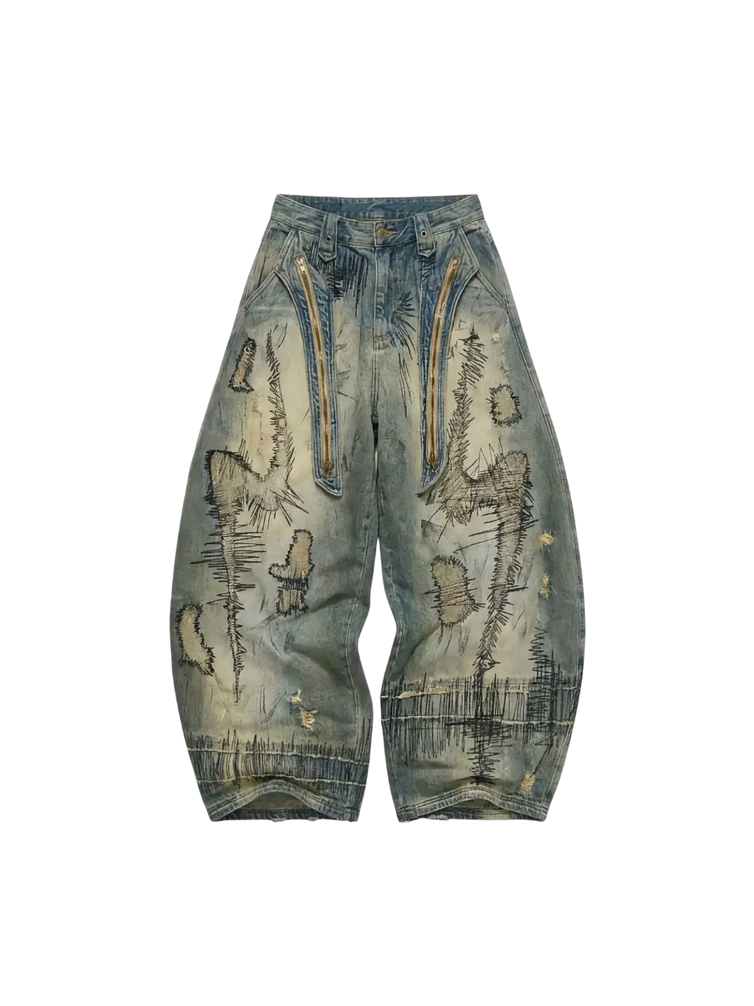 Stain Embroidery Curved Jeans