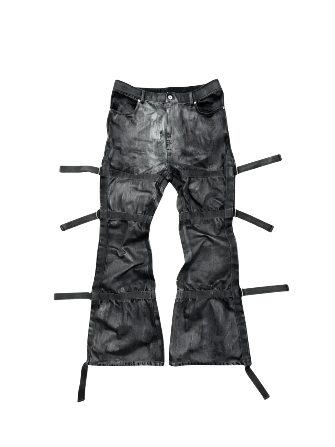 Waxed Paint Textured Adjustable Buckle and Ribbon Slightly Flared Loose Jeans
