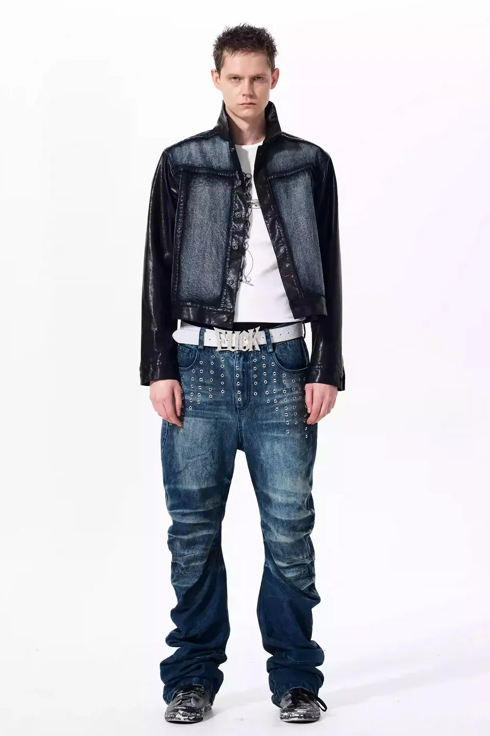 Cropped Leather Trim Denim Biker Jacket