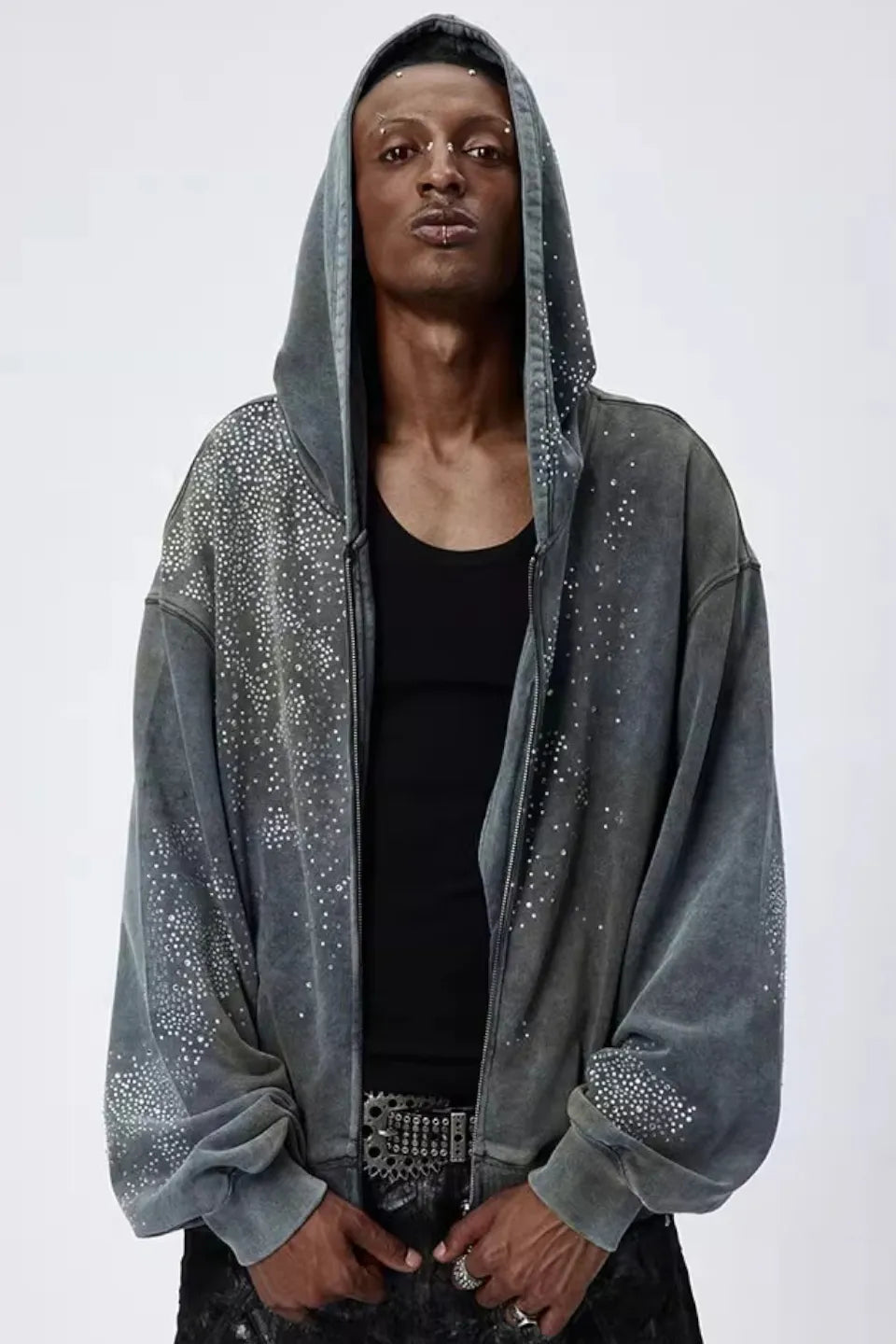 Diamond Distressed Zip Up Hoodie