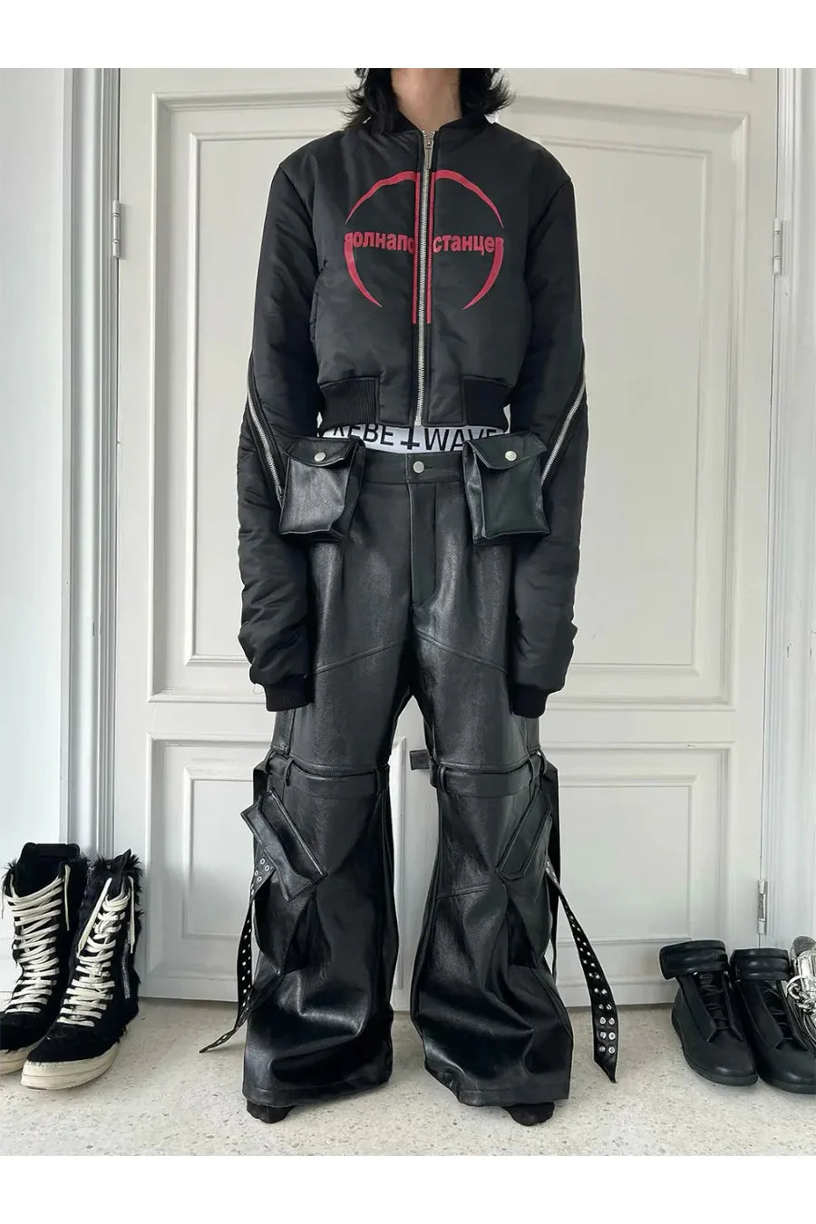 Double Waist Bag Structured Leather Pants