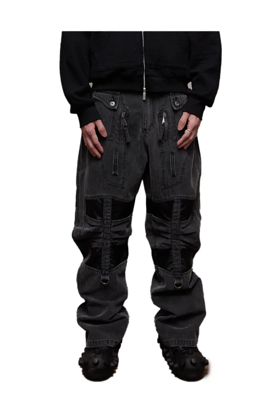 Heavy Duty Washed Patchwork Curved Multi Pocket Cargo Pants