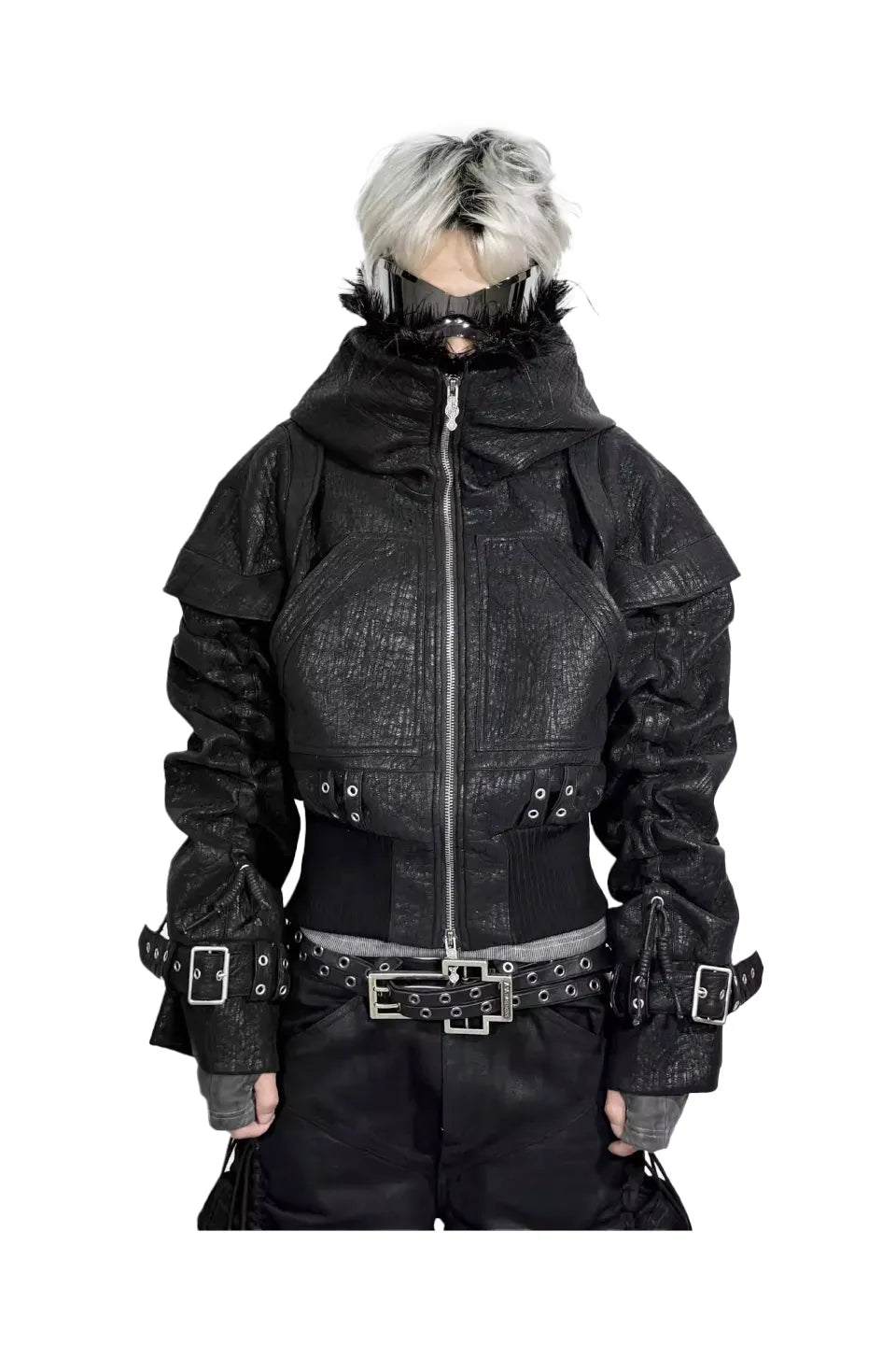 Heavy Texture Hooded Fur Collar Shirred Leather Jacket｜DACULT