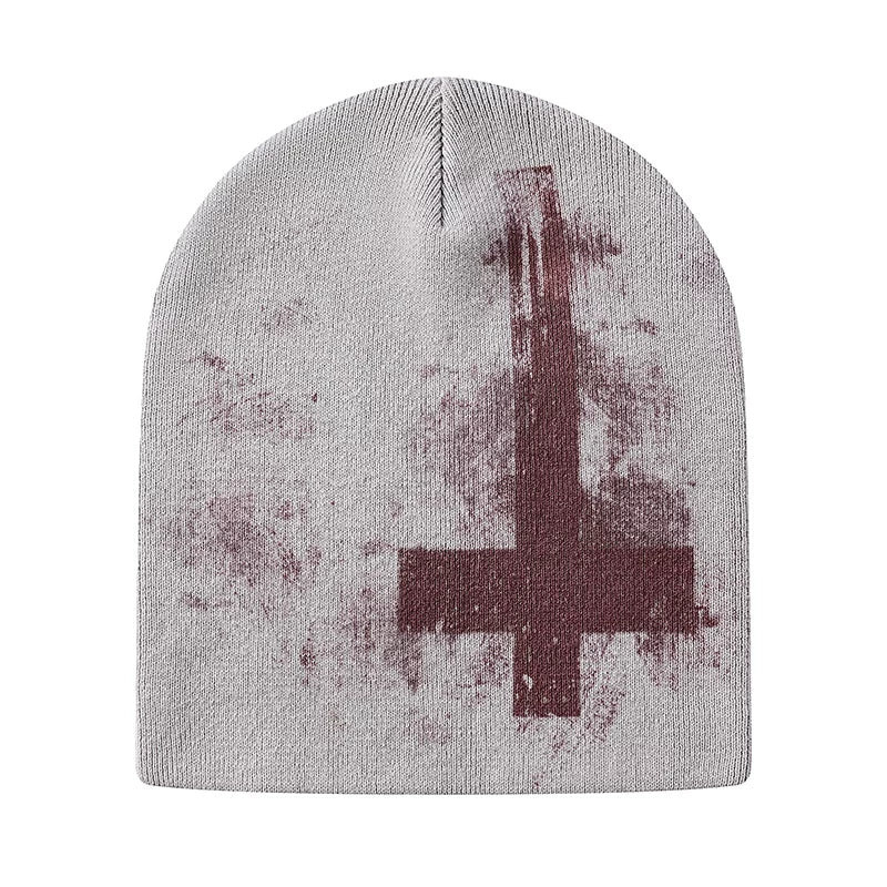 Red Cross Print Beanie Knit Hat
