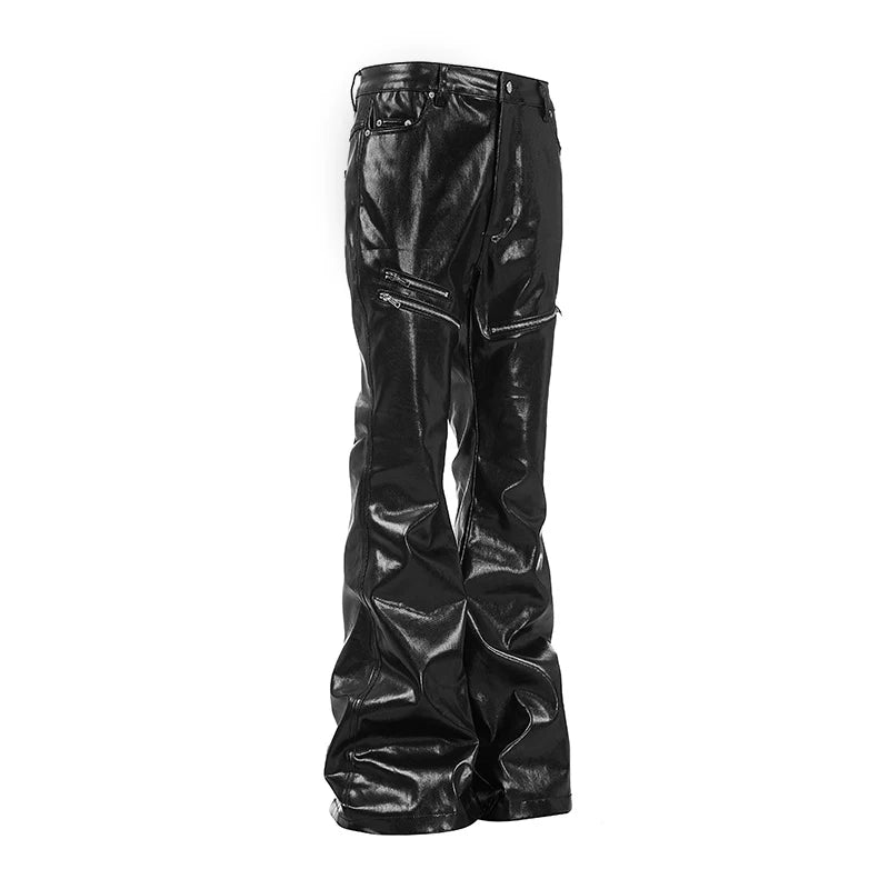 RХЯ Black Liquid Metal Coated Zipper Waxed Flare Pants