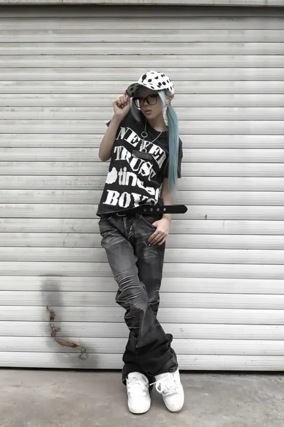 Ripple Cracked Super Long Denim Pants