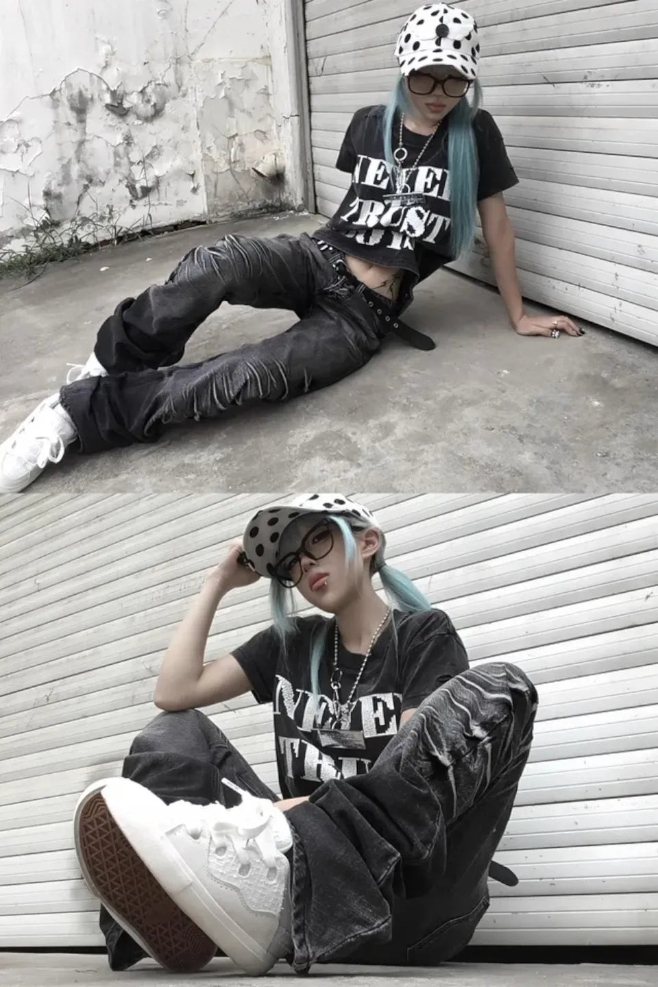 Ripple Cracked Super Long Denim Pants