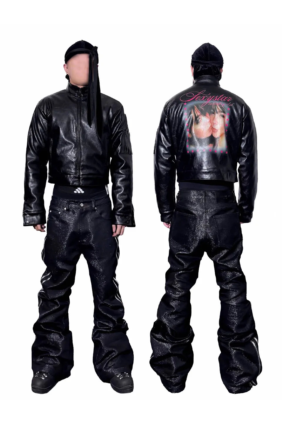 Sexy Stars Printed Leather Padded Cropped Bomber