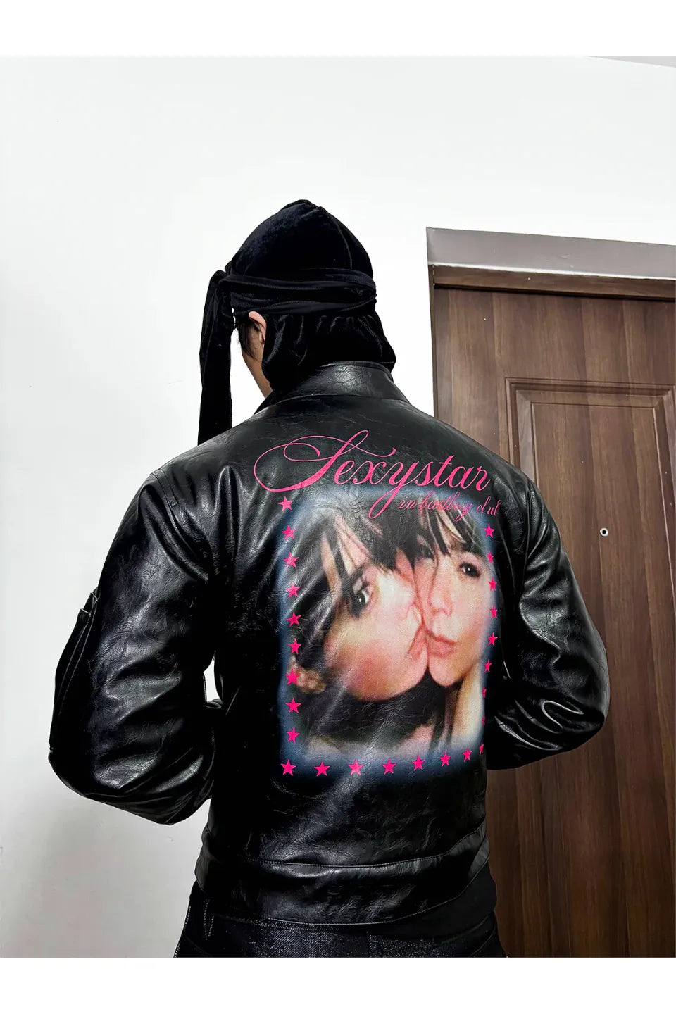 Sexy Stars Printed Leather Padded Cropped Bomber