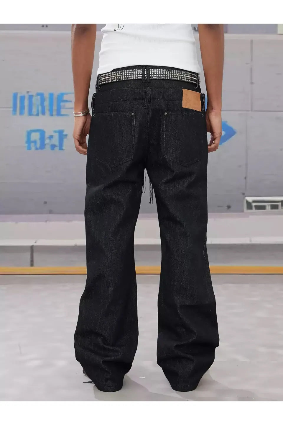Slanted Zipper Lace Up Double Waistband Raw Jeans