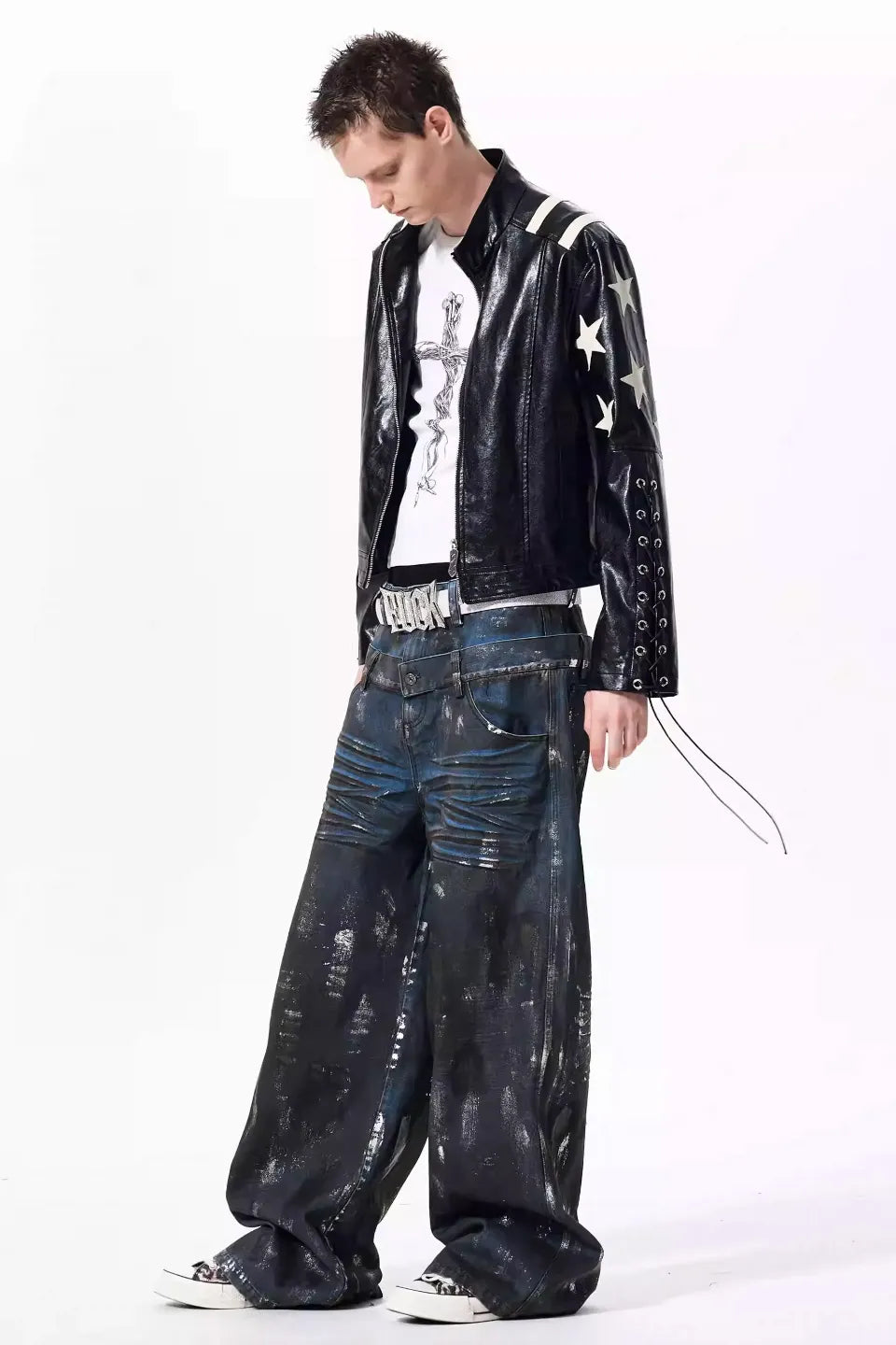 Star Embossed Lace Up Biker Jacket