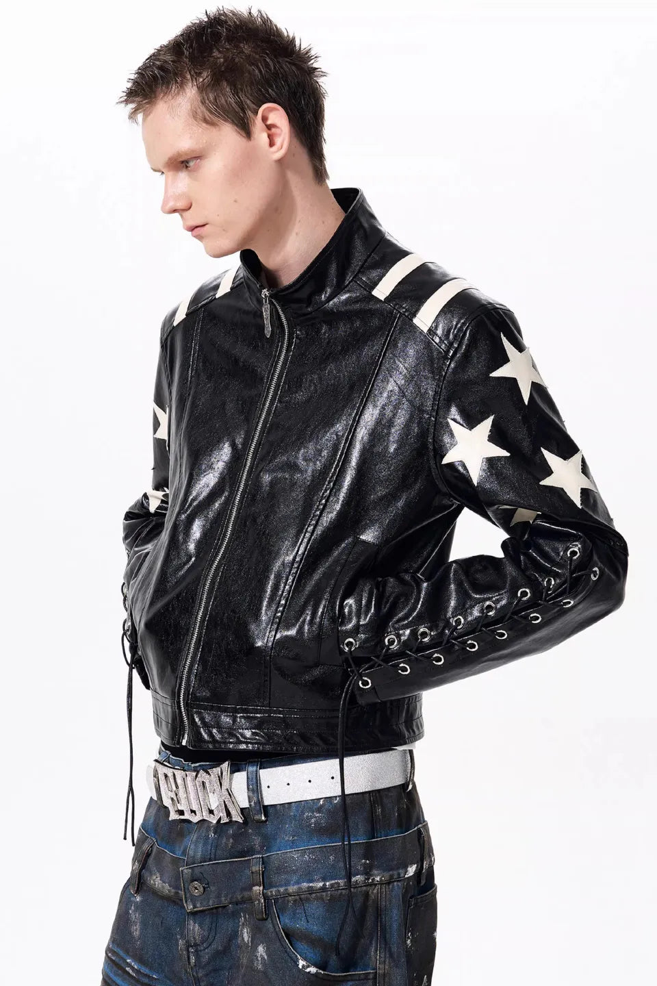 Star Embossed Lace Up Biker Jacket