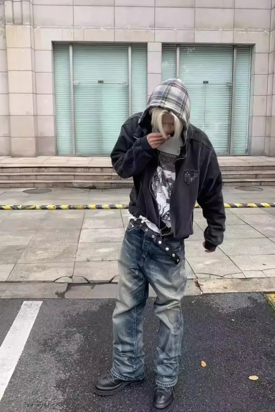 Washed Faux Two Plaid Pattern Piece Hooded Jacket