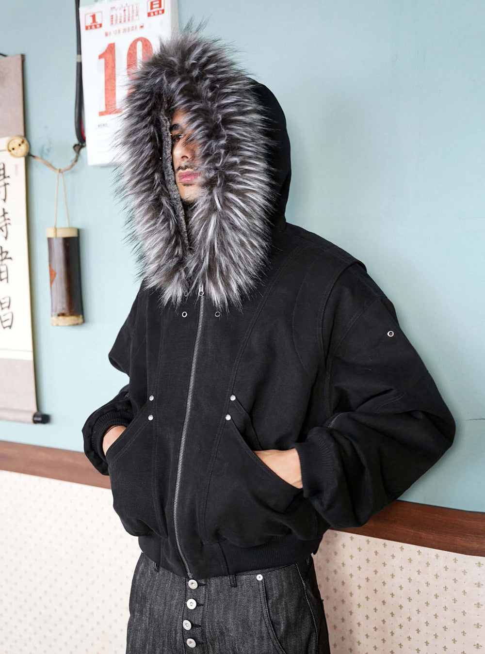 Dual Face Sculpted Fur Bomber
