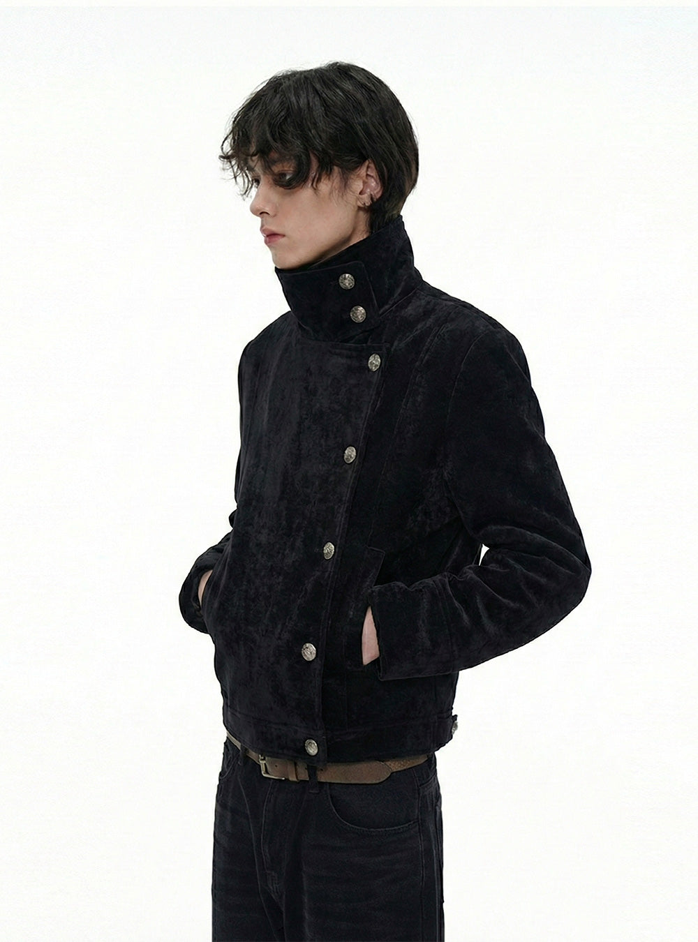 Asymmetric Velvet High-Neck Cropped Jacket