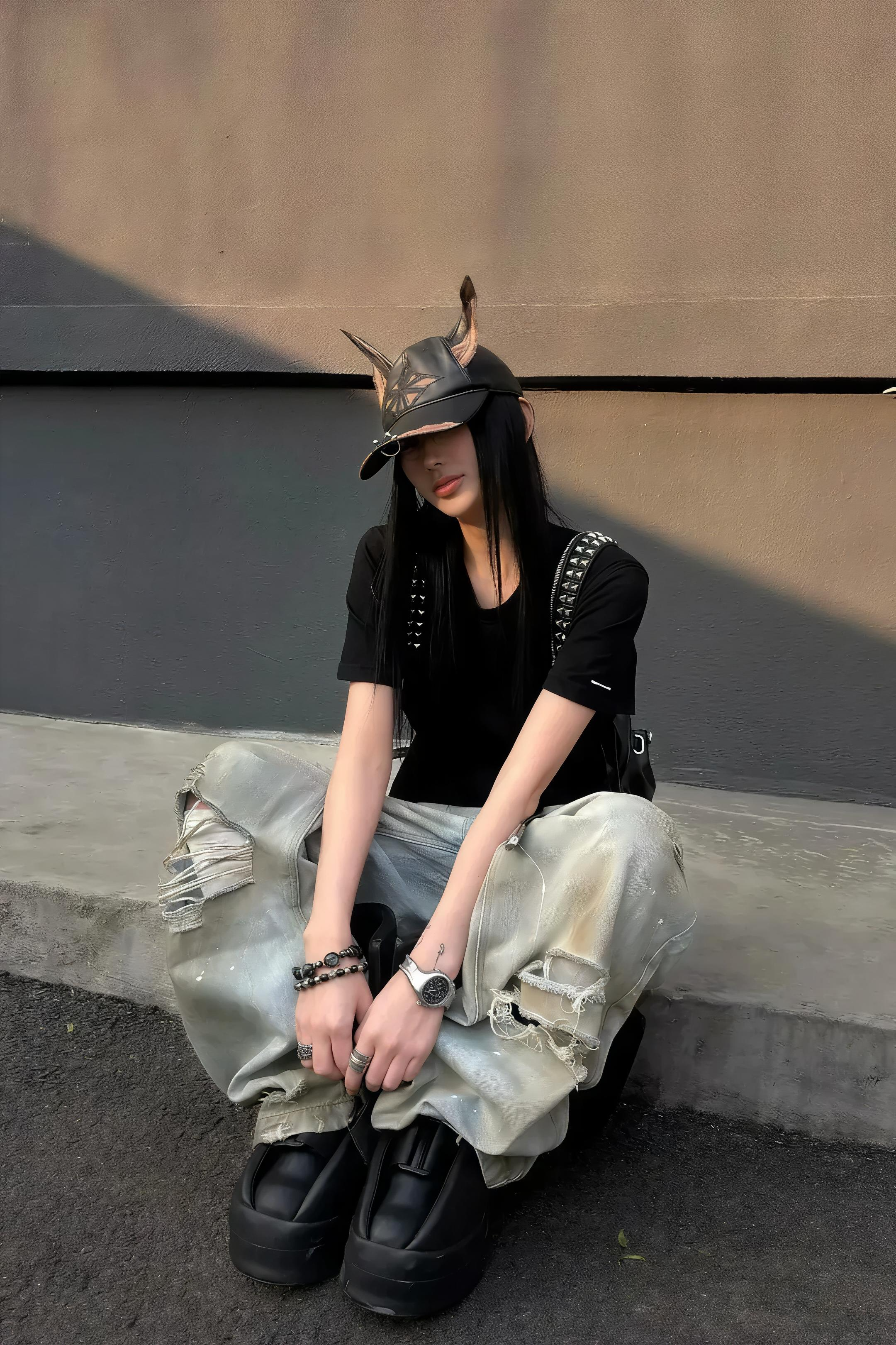 Destroyed PU Patch Double Waistband Jeans