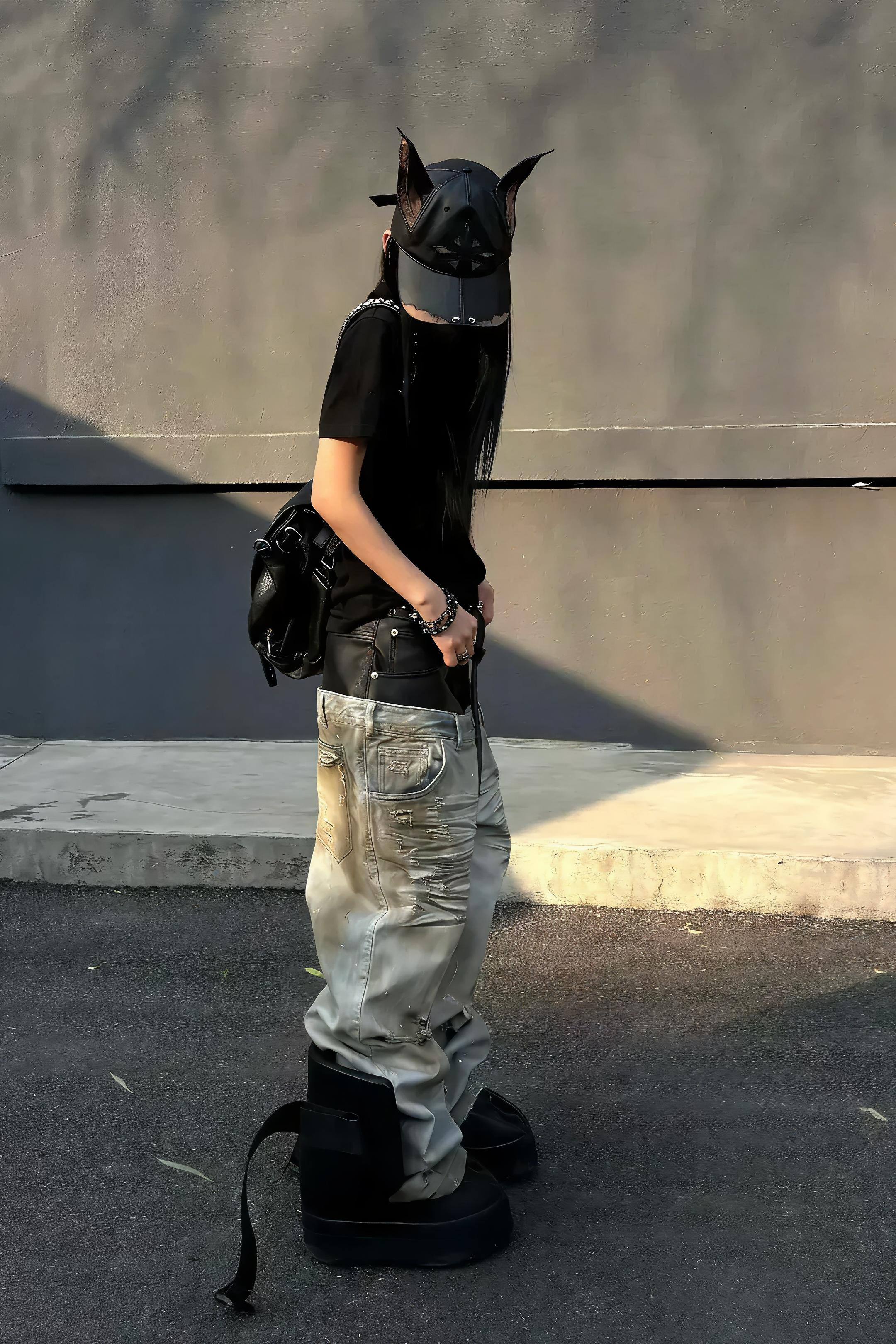 Destroyed PU Patch Double Waistband Jeans