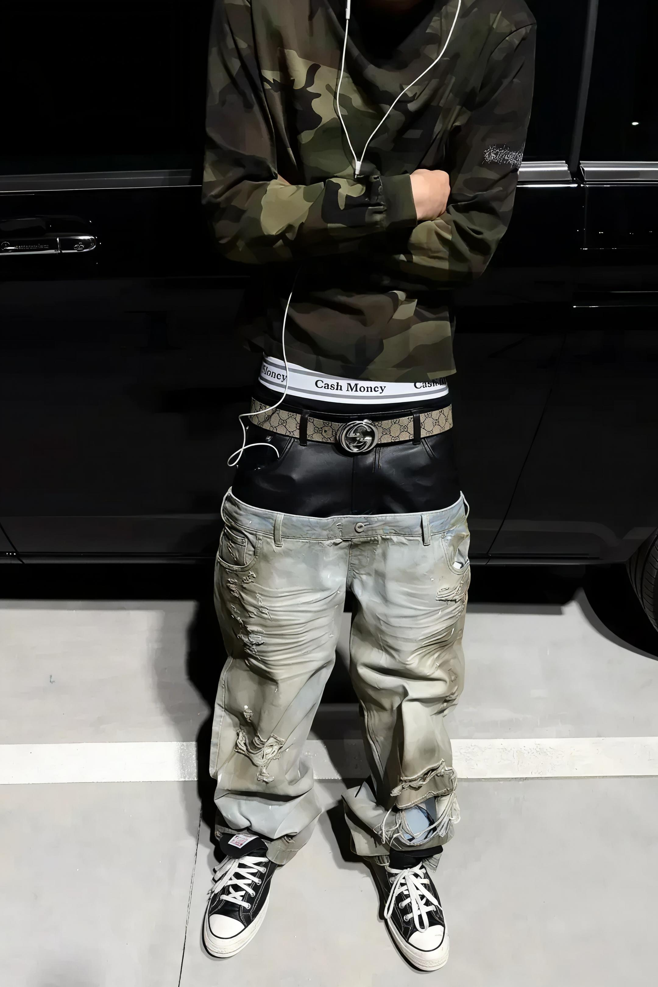 Destroyed PU Patch Double Waistband Jeans