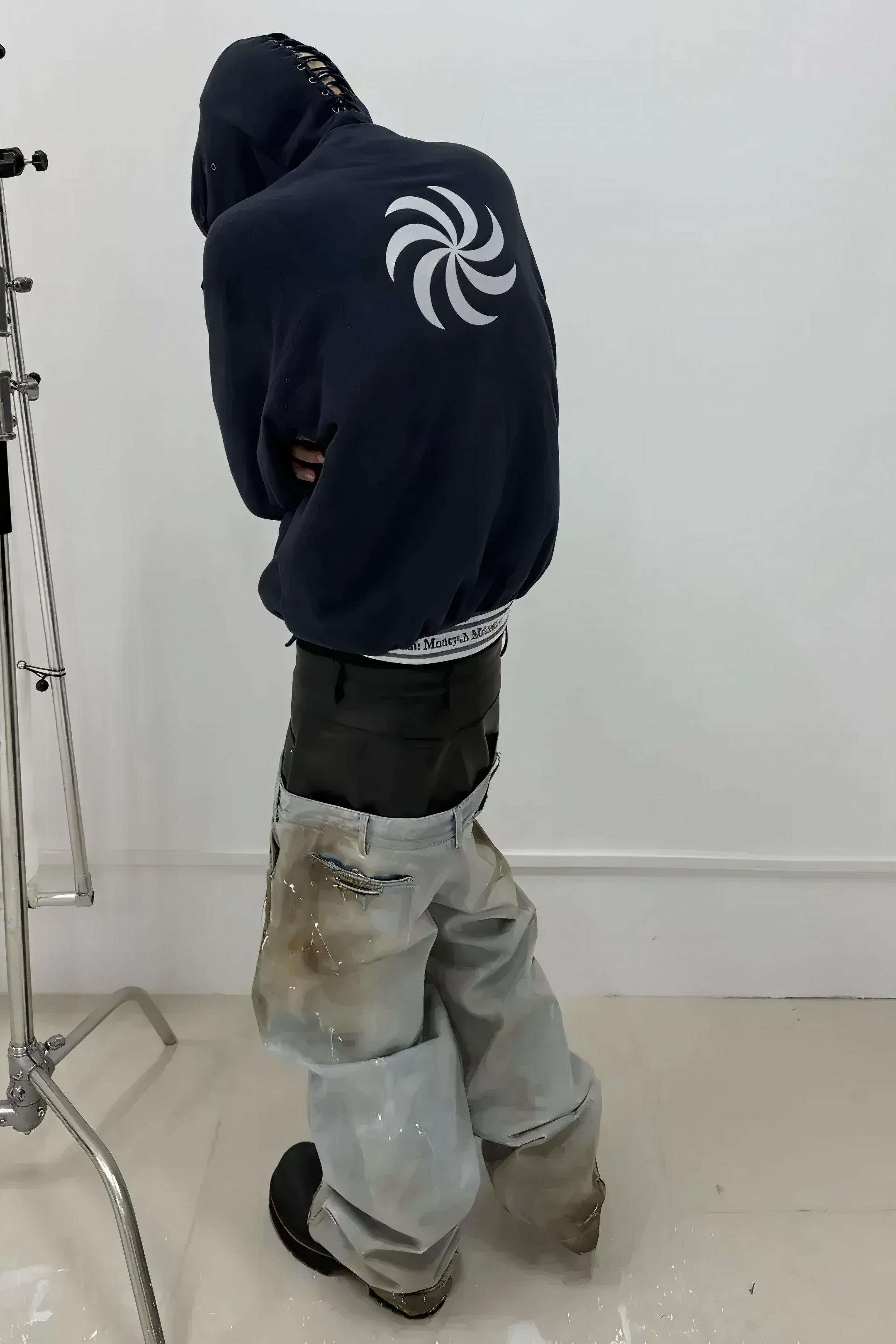 Destroyed PU Patch Double Waistband Jeans