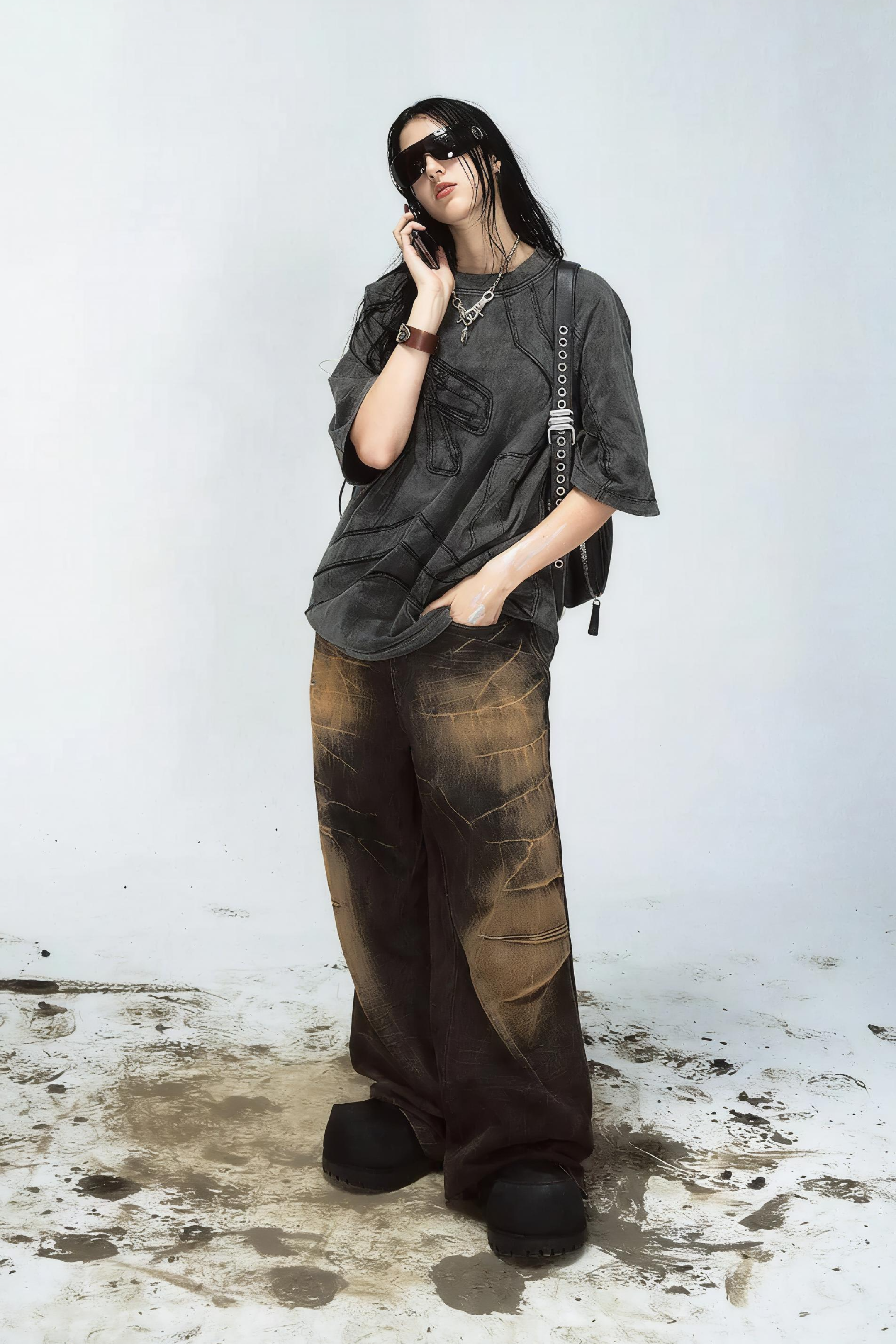 Mud Dyed Lightning Cracked Wide Leg Jeans