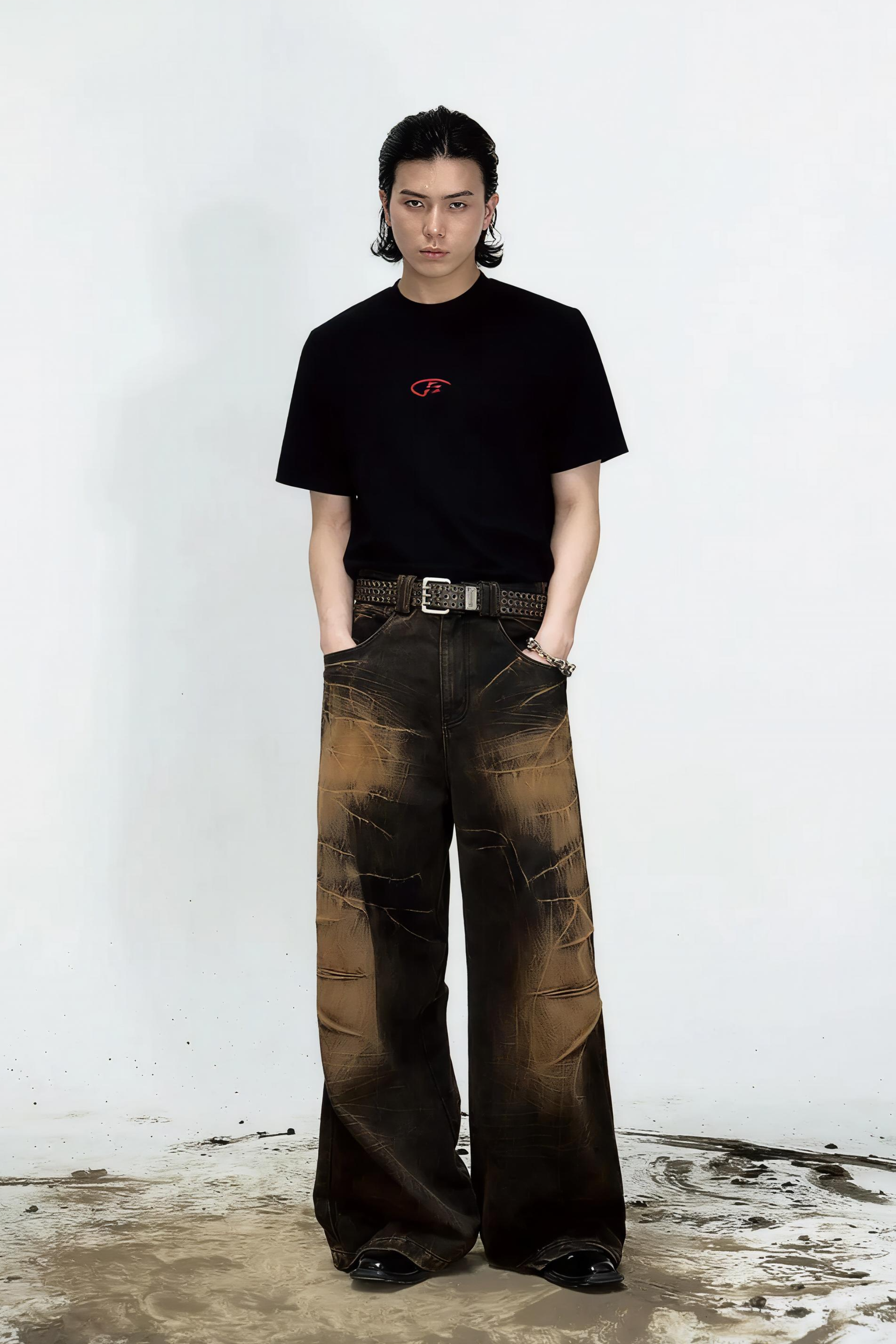 Mud Dyed Lightning Cracked Wide Leg Jeans