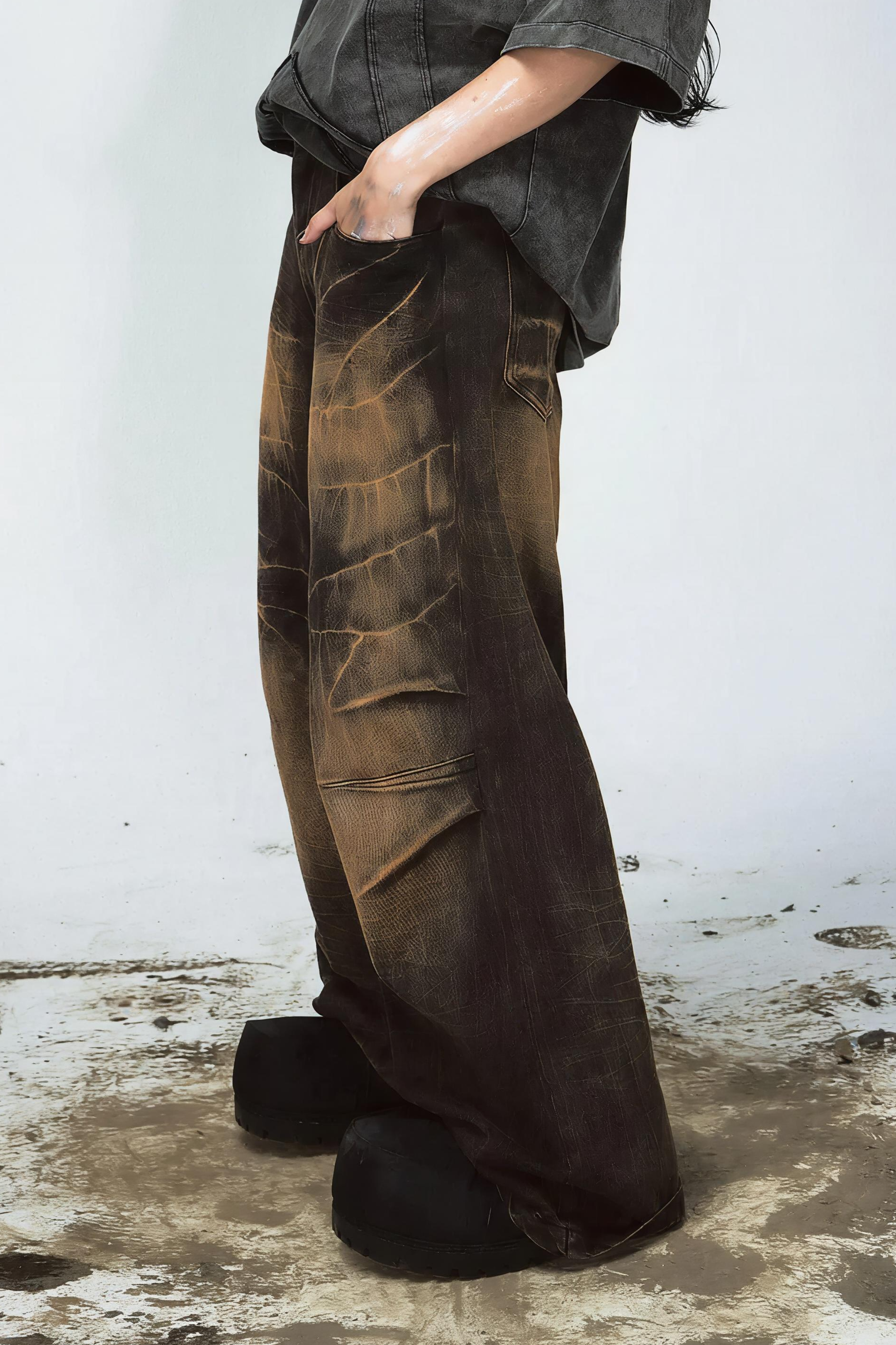 Mud Dyed Lightning Cracked Wide Leg Jeans