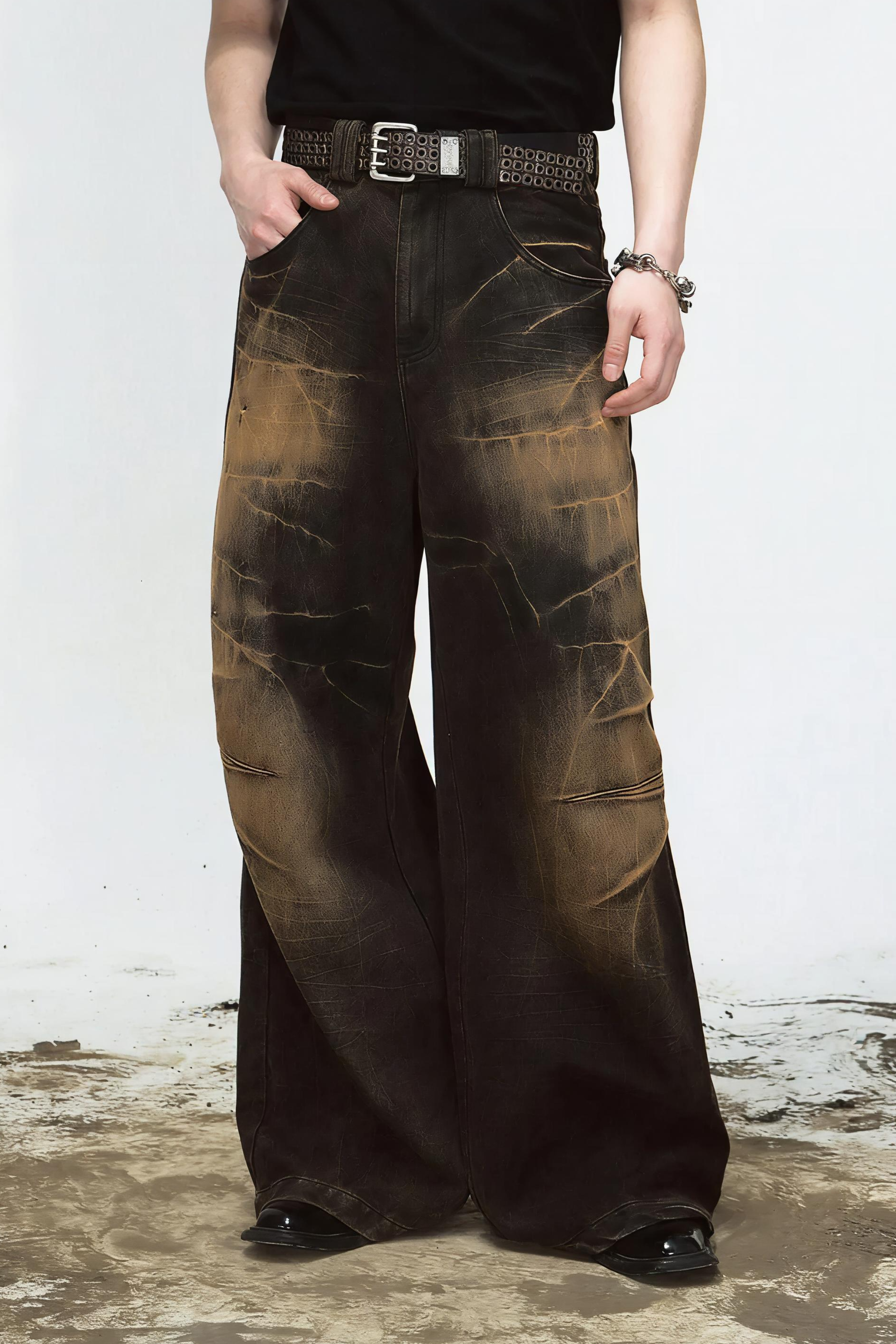 Mud Dyed Lightning Cracked Wide Leg Jeans