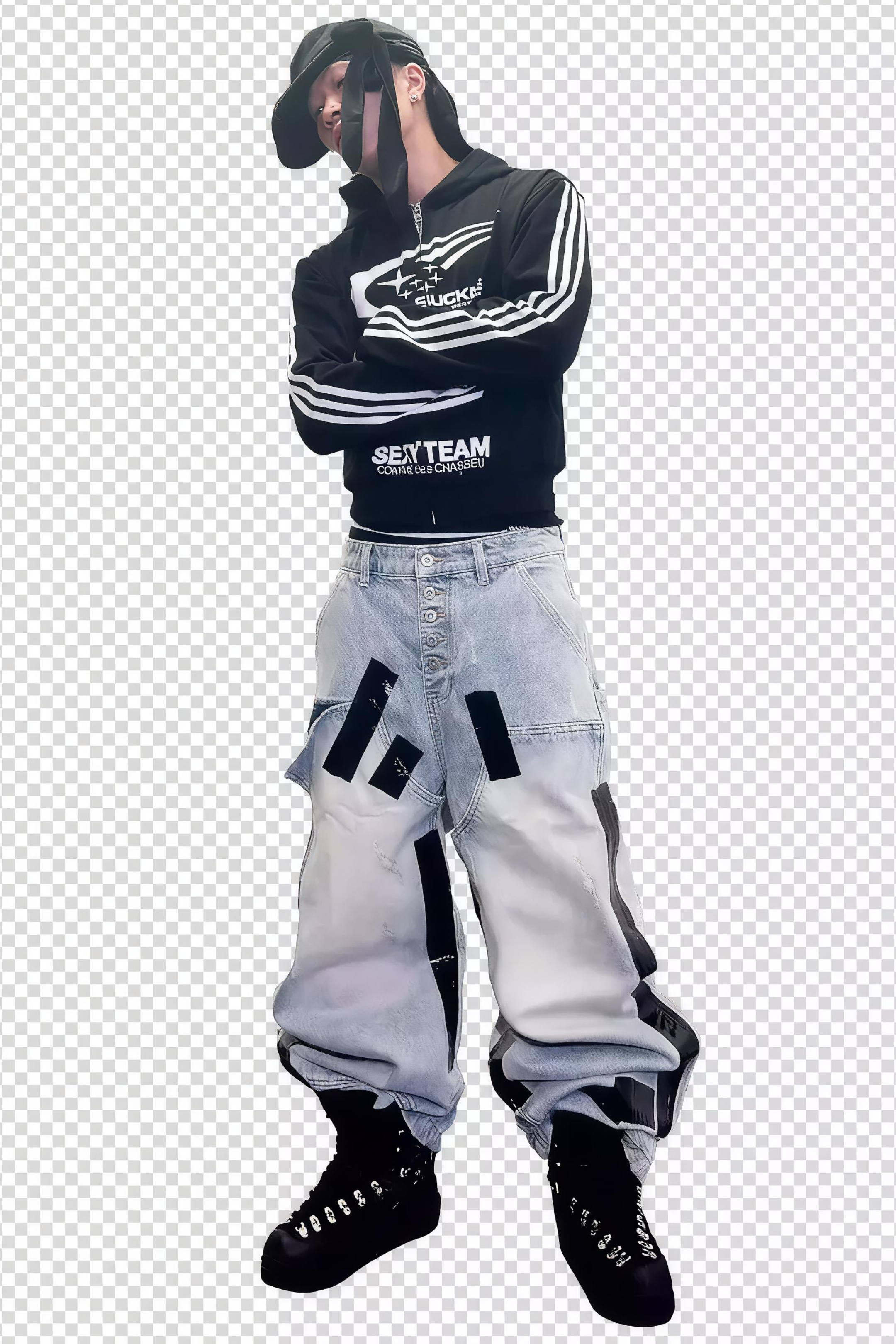 Heavily Distressed Duct Taped Washed Denim Jeans